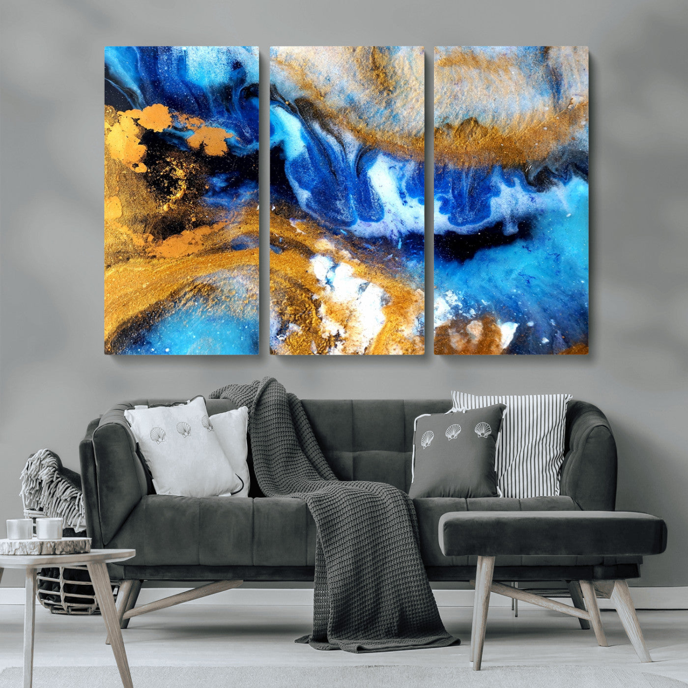 MGV-CV-48X32-3P - Blue Orange Marble Fluid Effect Canvas Wall Art Print