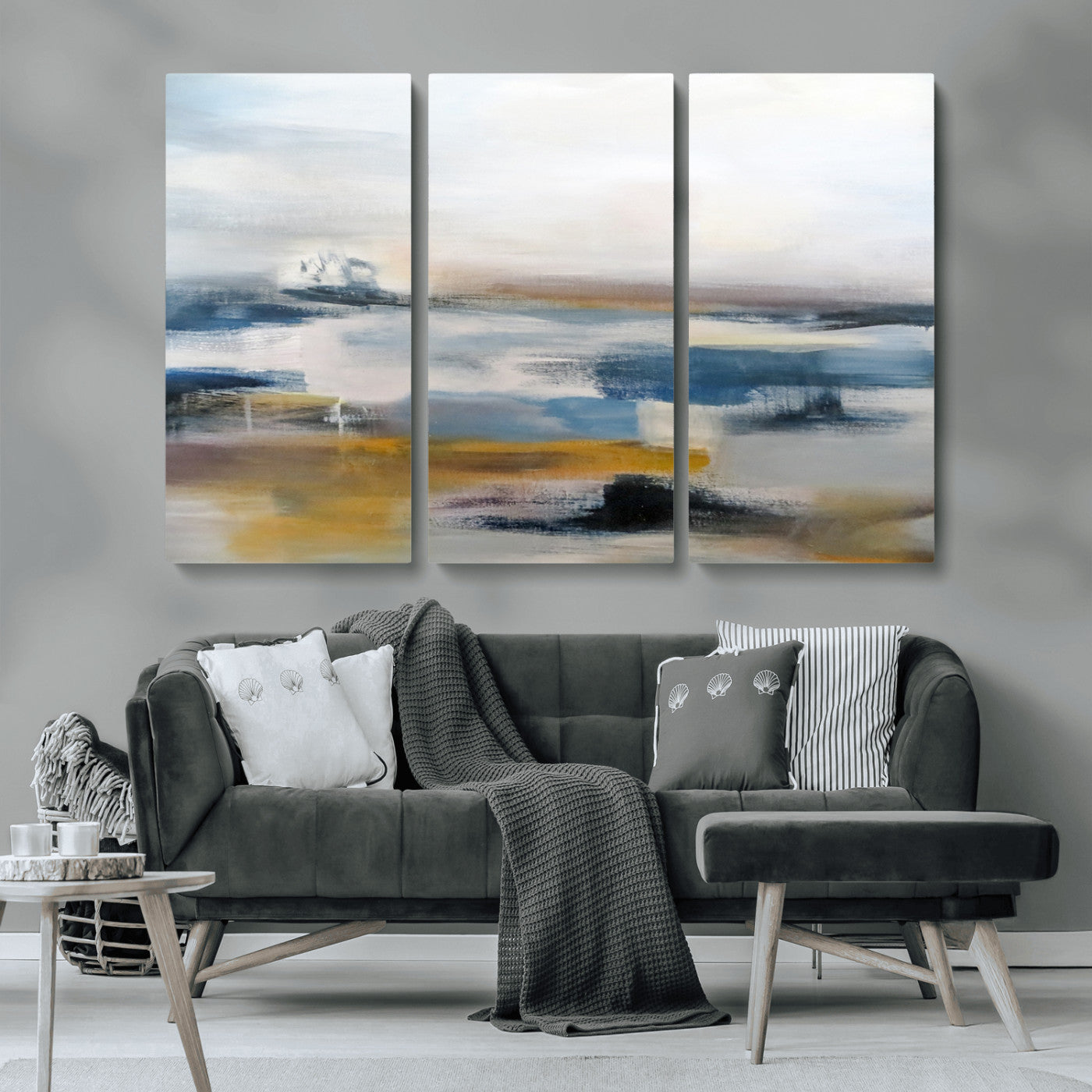 MGV-CV-48X32-3P - Abstract Landscape Wall Art Canvas | 3 Panel Modern Blue, Gold, and White Canvas Art for Living