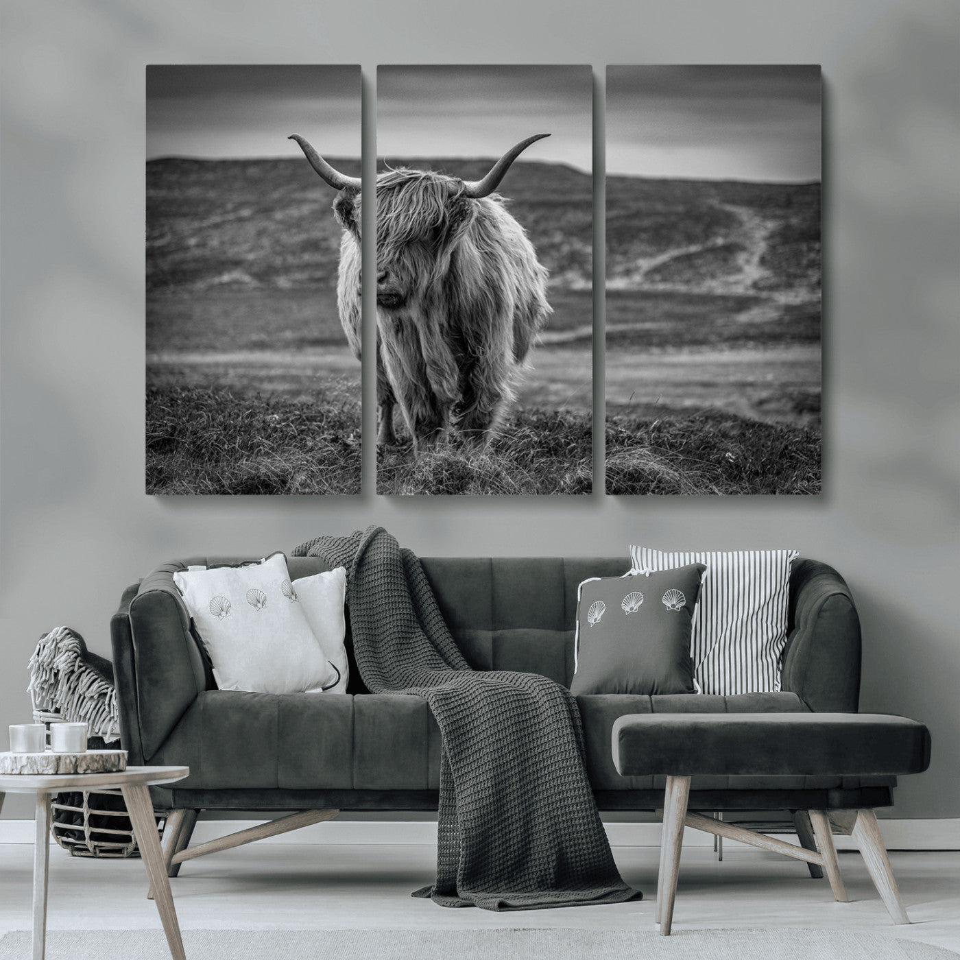 MGV-CV-48X32-3P - Fluffy Cattle Wall Art Print, Highland Cow Canvas, Framed Black and white Wall Art