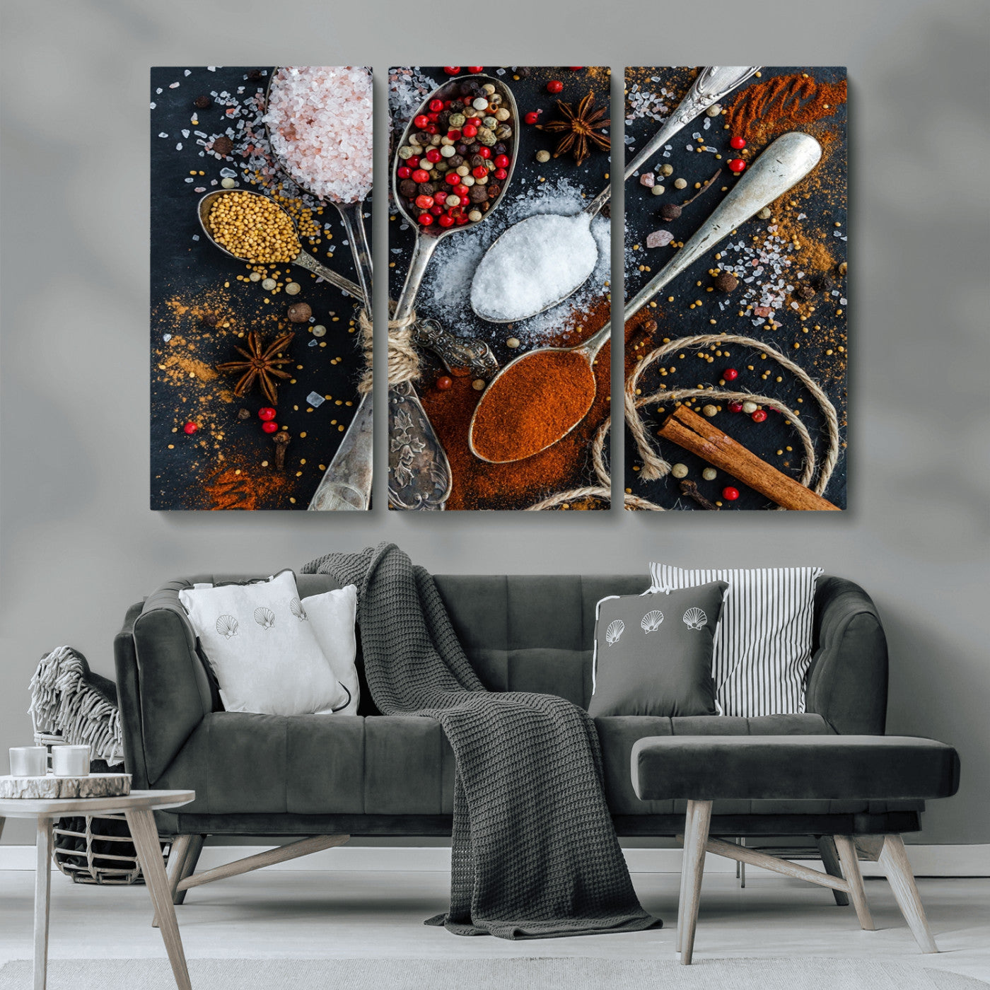 MGV-CV-48X32-3P - Spices and Seasonings Canvas Wall Art – Colorful Triptych Kitchen Decor – Culinary Art for Dining