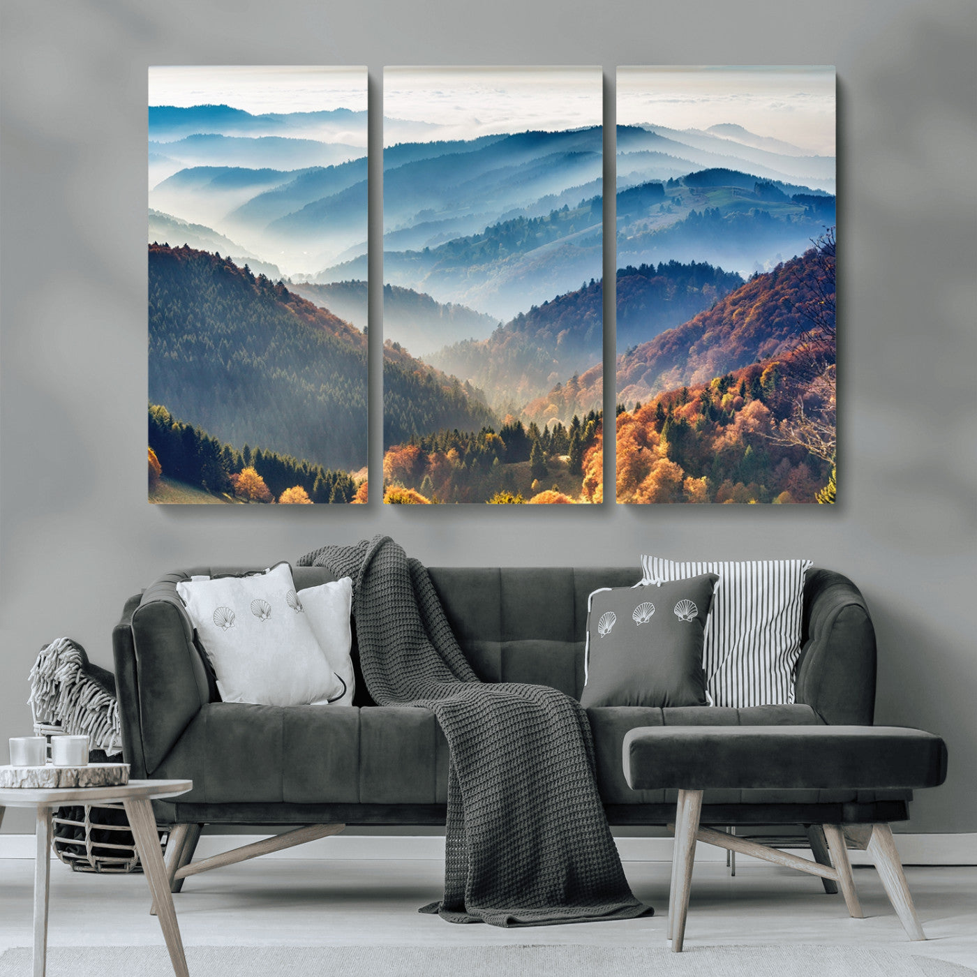 MGV-CV-48X32-3P - Misty Mountain Sunrise Triptych Canvas Print – Autumn Landscape Wall Art – Scenic Nature Decor –