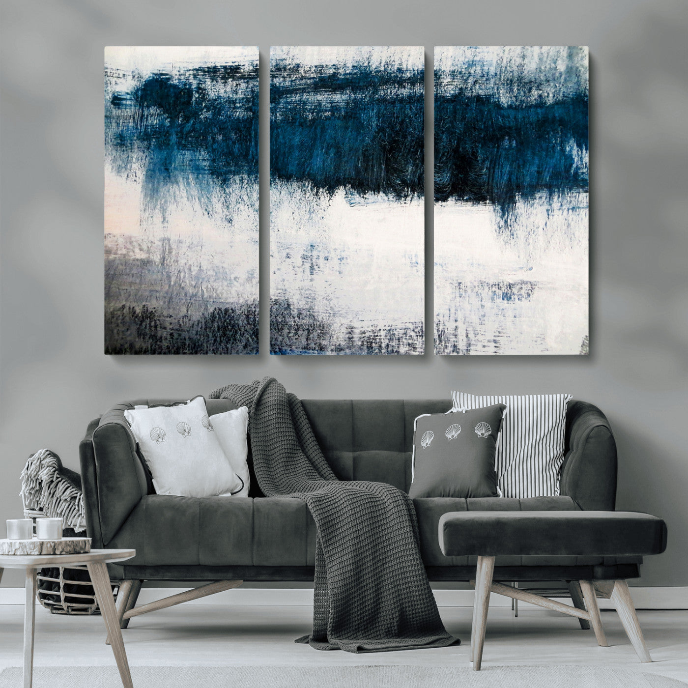 MGV-CV-48X32-3P - Abstract Blue and White Canvas Art | Large Wall Art for Modern Living Room Decor | Minimalist