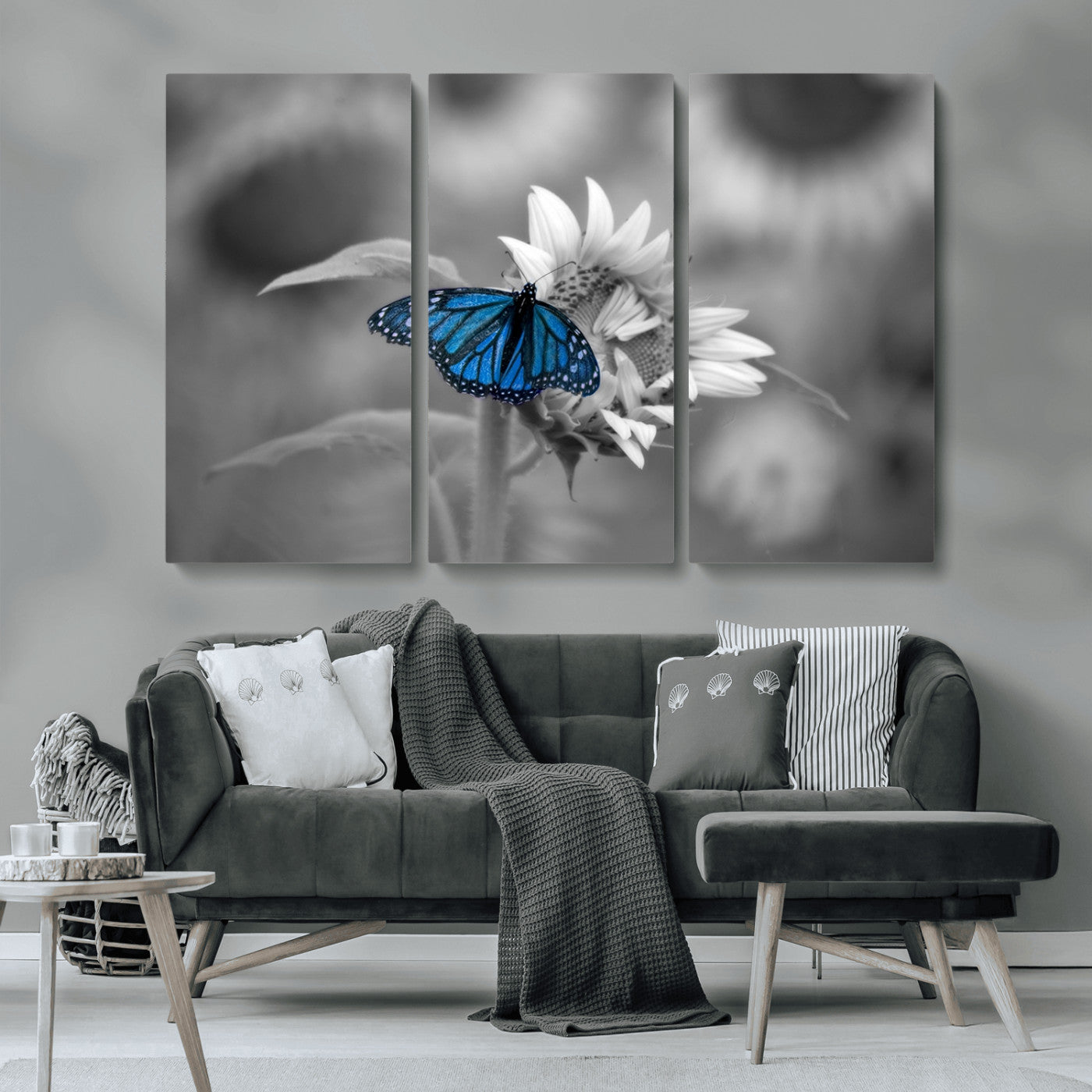 MGV-CV-48X32-3P - Blue Butterfly Black and White Canvas Wall Art
