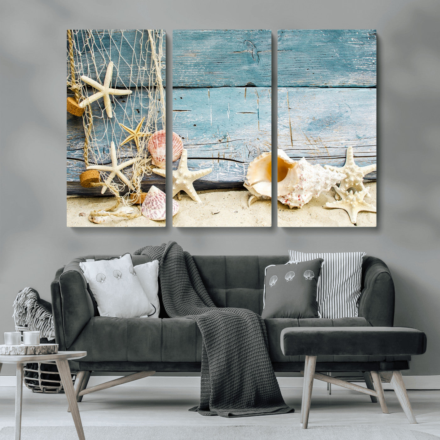 MGV-CV-48X32-3P - Seashells on Rustic Wooden Background, Seashells Wall Art Canvas Print