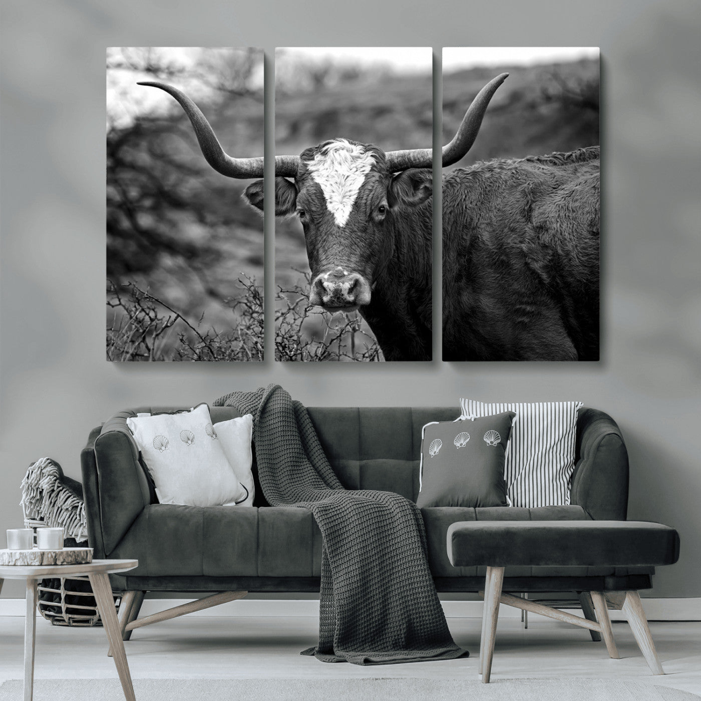 MGV-CV-48X32-3P - Western Home Wall Art Canvas Print, Framed Texas Longhorn Art Picture Print, Rustic Cow Perfect Rustic Farmhouse Decor Artwork