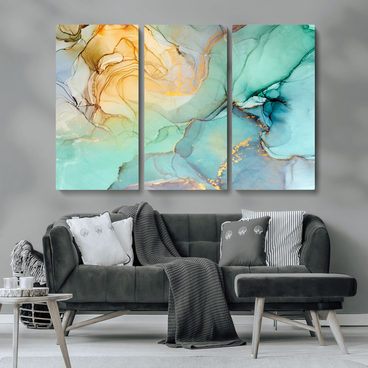 MGV-CV-48X32-3P - Abstract Aqua and Gold Fluid Wall Art Canvas | 3 Panel Large Canvas Print for Living Room, Office,