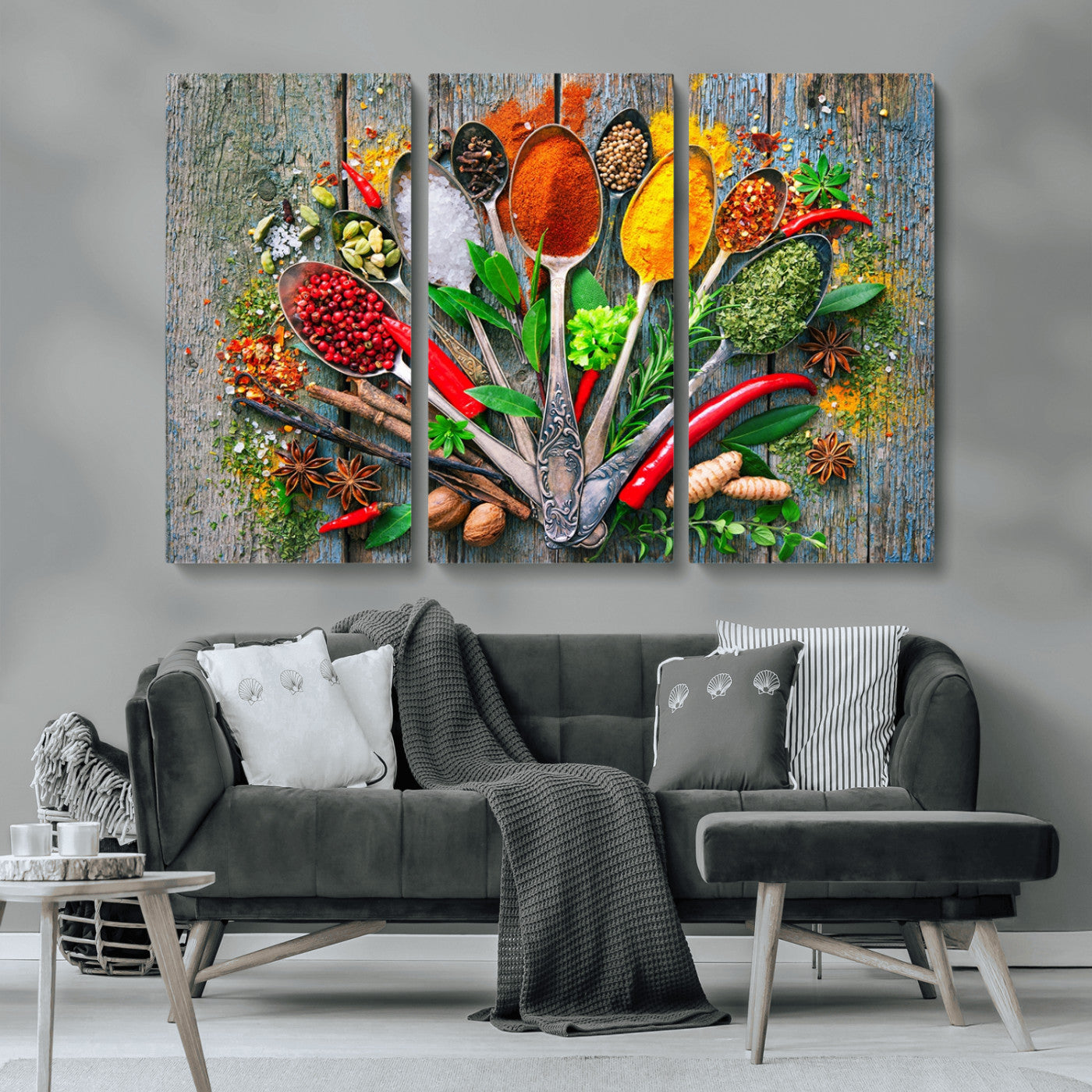 MGV-CV-48X32-3P - Spoonful of Spices Cooking Wall Art Canvas Print - Vibrant Kitchen Decor Triptych – Culinary Art
