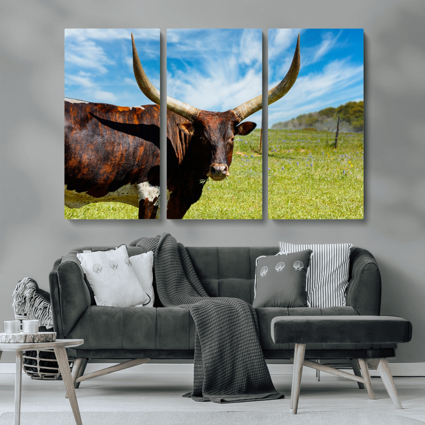 MGV-CV-48X32-3P - Longhorn and Cow Wall Art, Country Cow Wall Decor Canvas Print