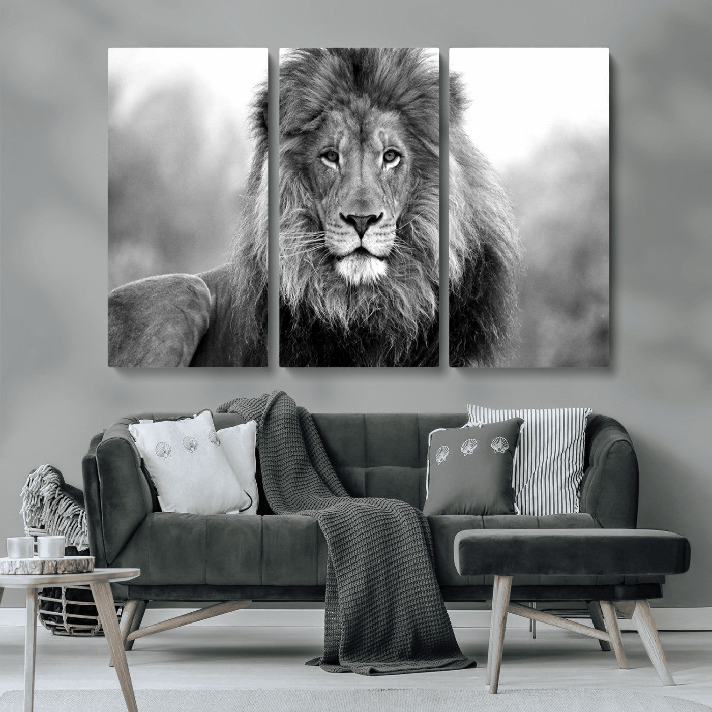 MGV-CV-48X32-3P - Black and White Lion Canvas Wall Art Animal Print