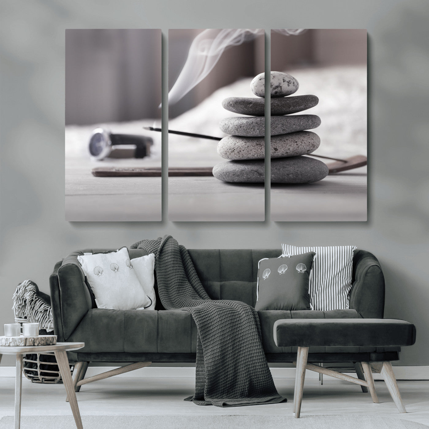 MGV-CV-48X32-3P - Burning Incense and Zen Stones Buddhism Wall Art, Zen Stones Wall Art Canvas Print