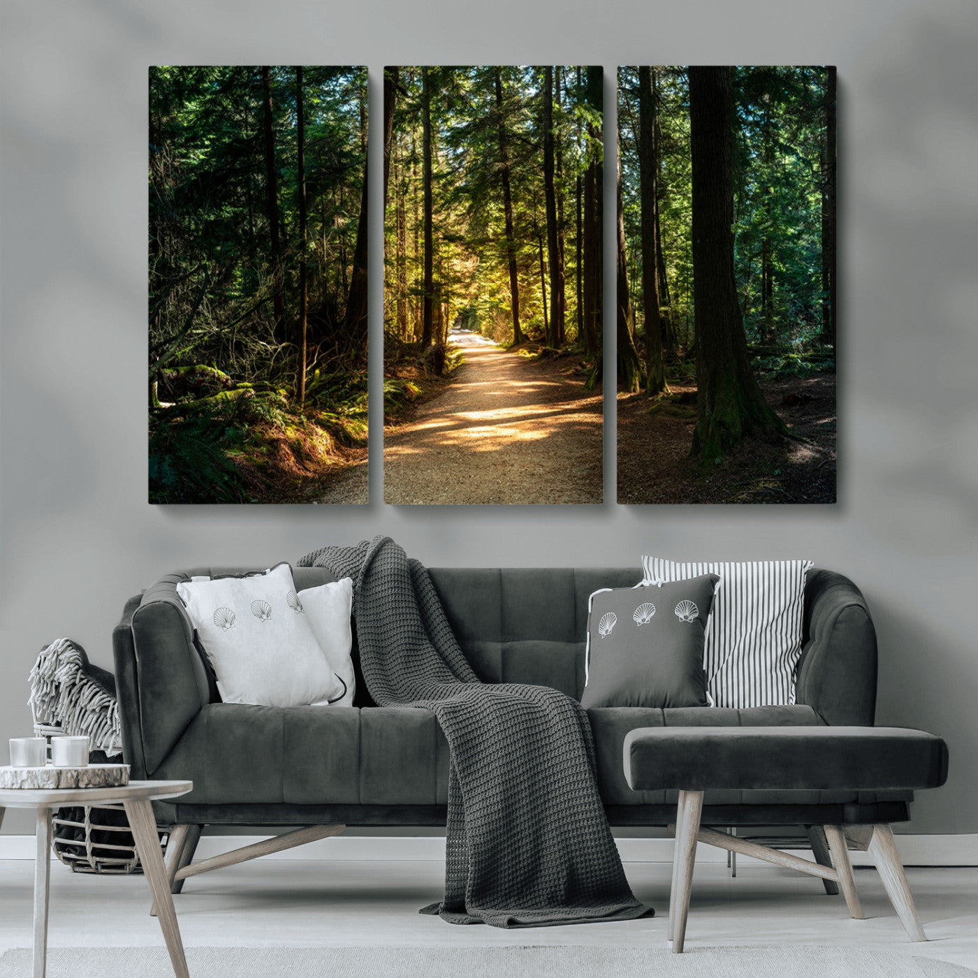 MGV-CV-48X32-3P - Sunlit Forest Pathway Canvas Print | 3 Panel Large Nature Wall Art for Living Room, Office, or