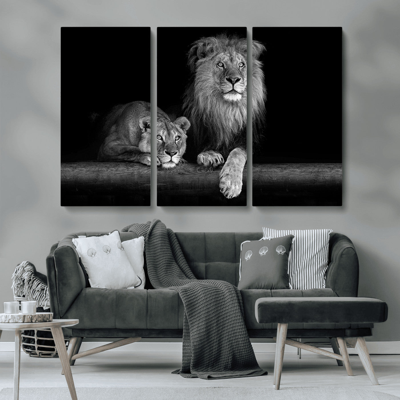 MGV-CV-48X32-3P - Large Black and White Lion Couple Wall Art Canvas Print