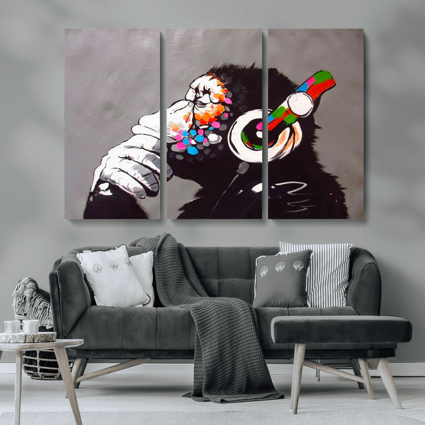 MGV-CV-48X32-3P - Dj Monkey Listening to Music Wall Art Print | Banksy Monkey Large Canvas Print for Living Room,
