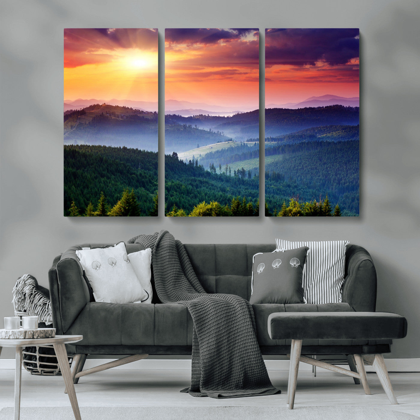 MGV-CV-48X32-3P - Beautiful Sunset over Hills Forest Landscape Canvas Wall Art Print