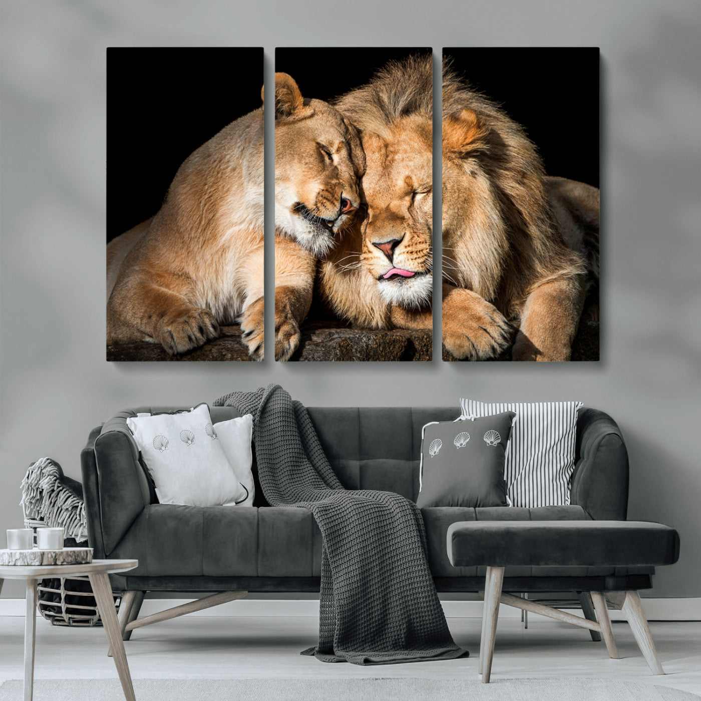 MGV-CV-48X32-3P - Lion and Lioness Wall Art Print Canvas | 3-Panel African Wildlife Canvas Print | Animal-Themed Art