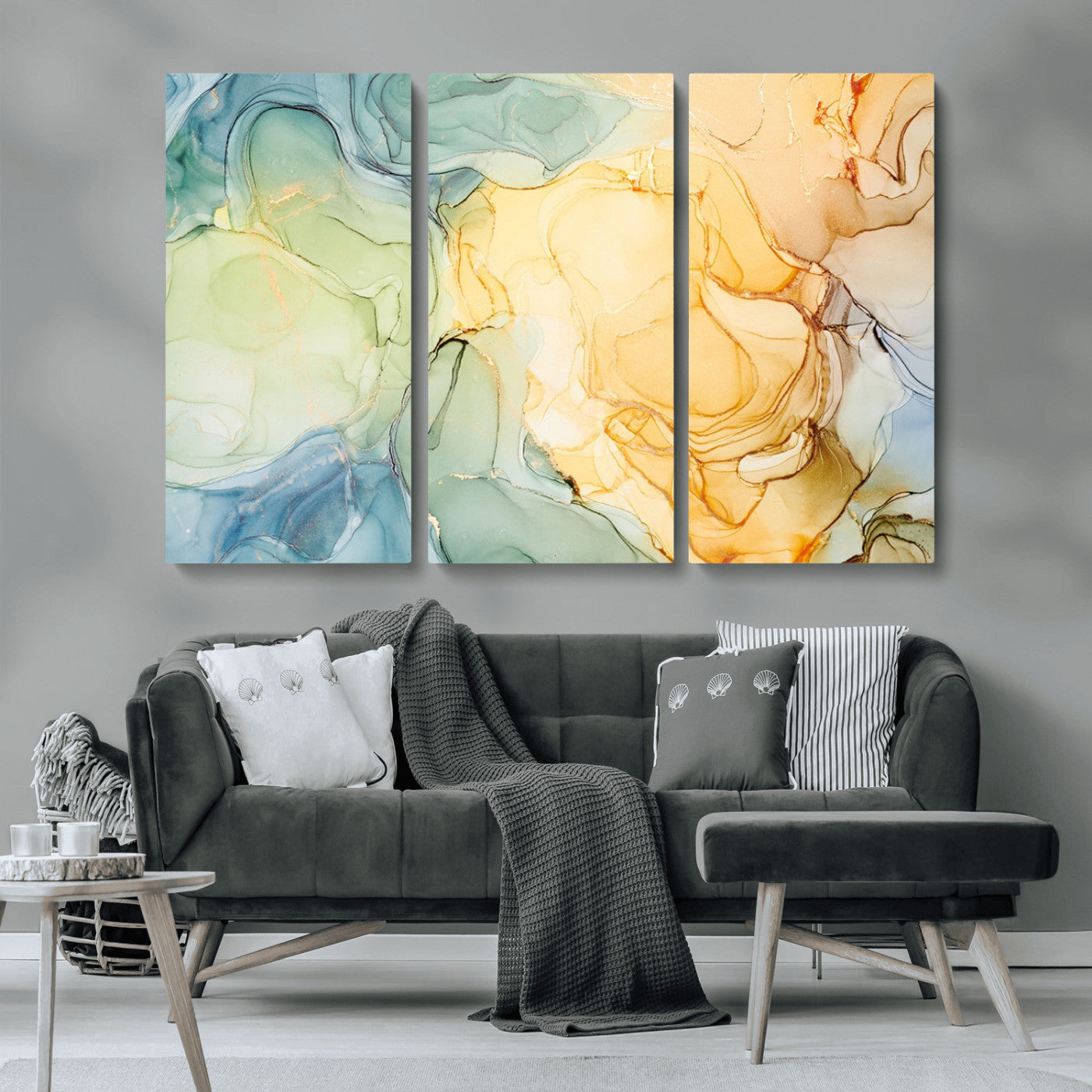 -Green and Yellow Marble Fluid Effect Wall Art, Green and Yellow Marble Canvas Wall Art Print