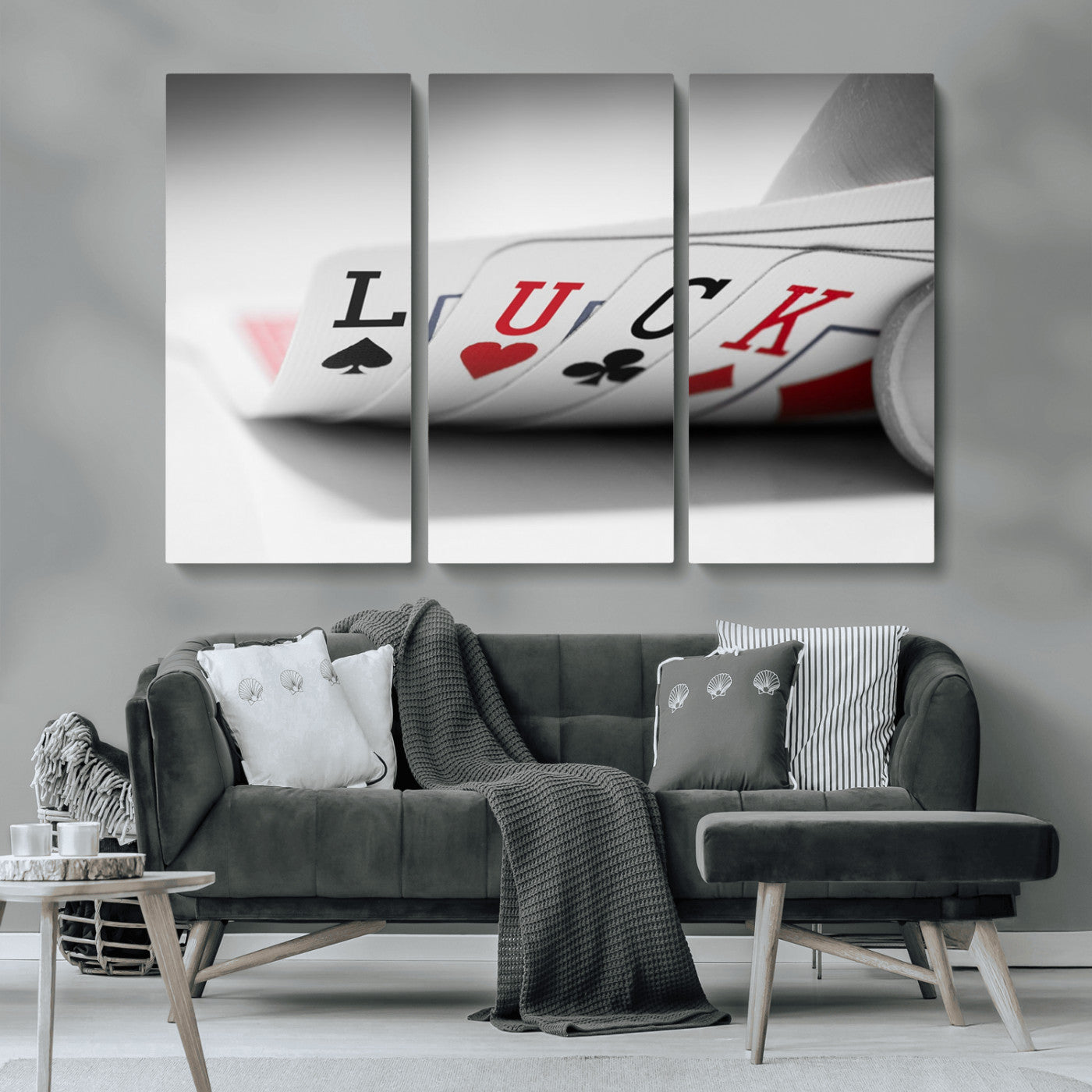 MGV-CV-48X32-3P - Framed Luck Poker Cards Canvas – Modern Triptych Wall Art, Ready to Hang for Game Rooms