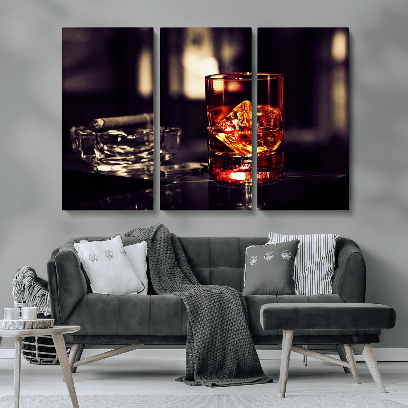 MGV-CV-48X32-3P - Whiskey and Cigar Canvas – Luxurious Wall Art for Home or Bar – Glass and Cigar Scene Print Canvas