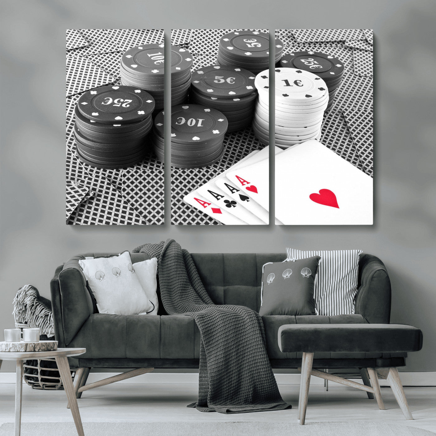 MGV-CV-48X32-3P - Poker Game Cards Wall Art Canvas, Multi Panel Wall Art Canvas Print