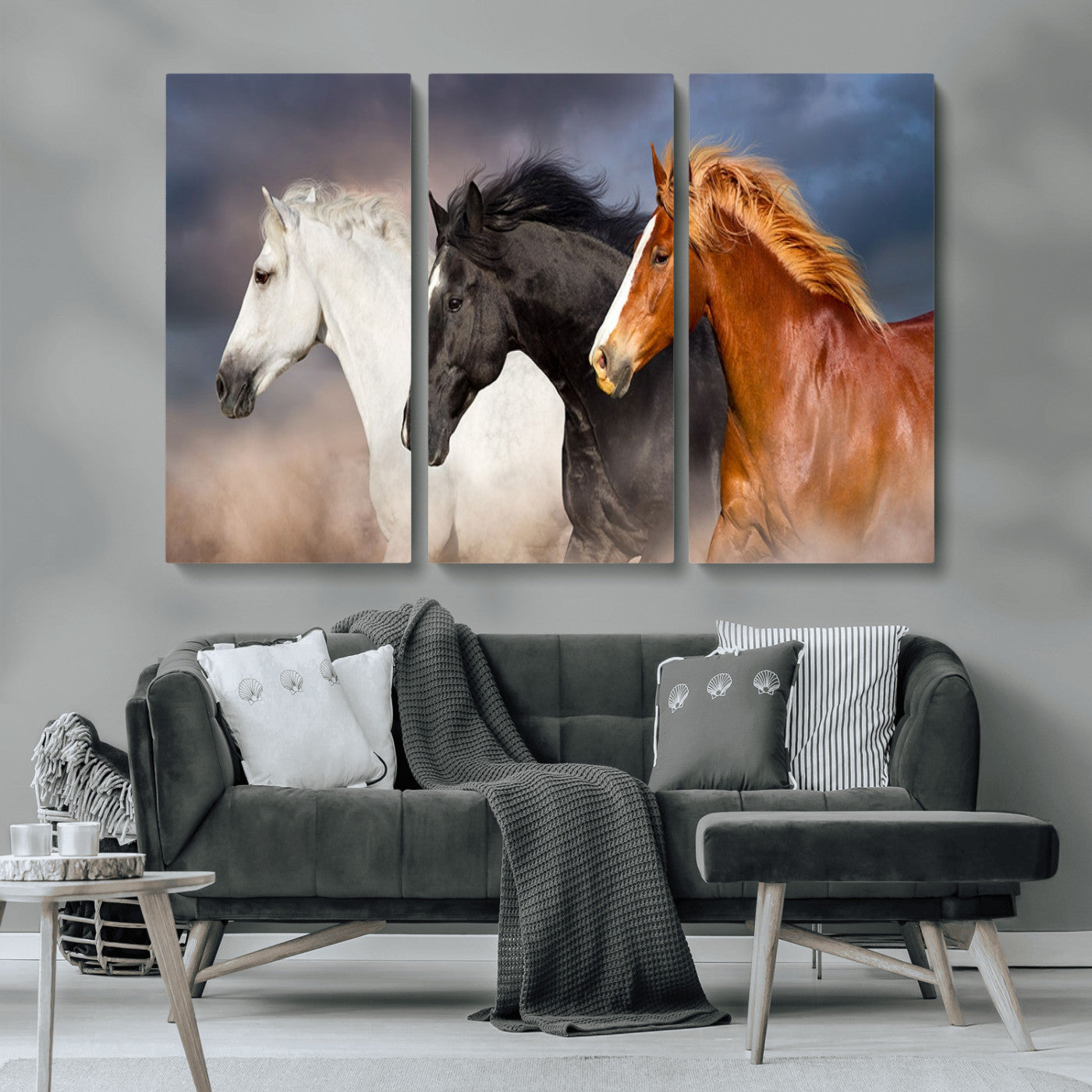 MGV-CV-48X32-3P - Animal Wall Art Three Horses Farmhouse Art Canvas, Framed Three Horses Canvas Print