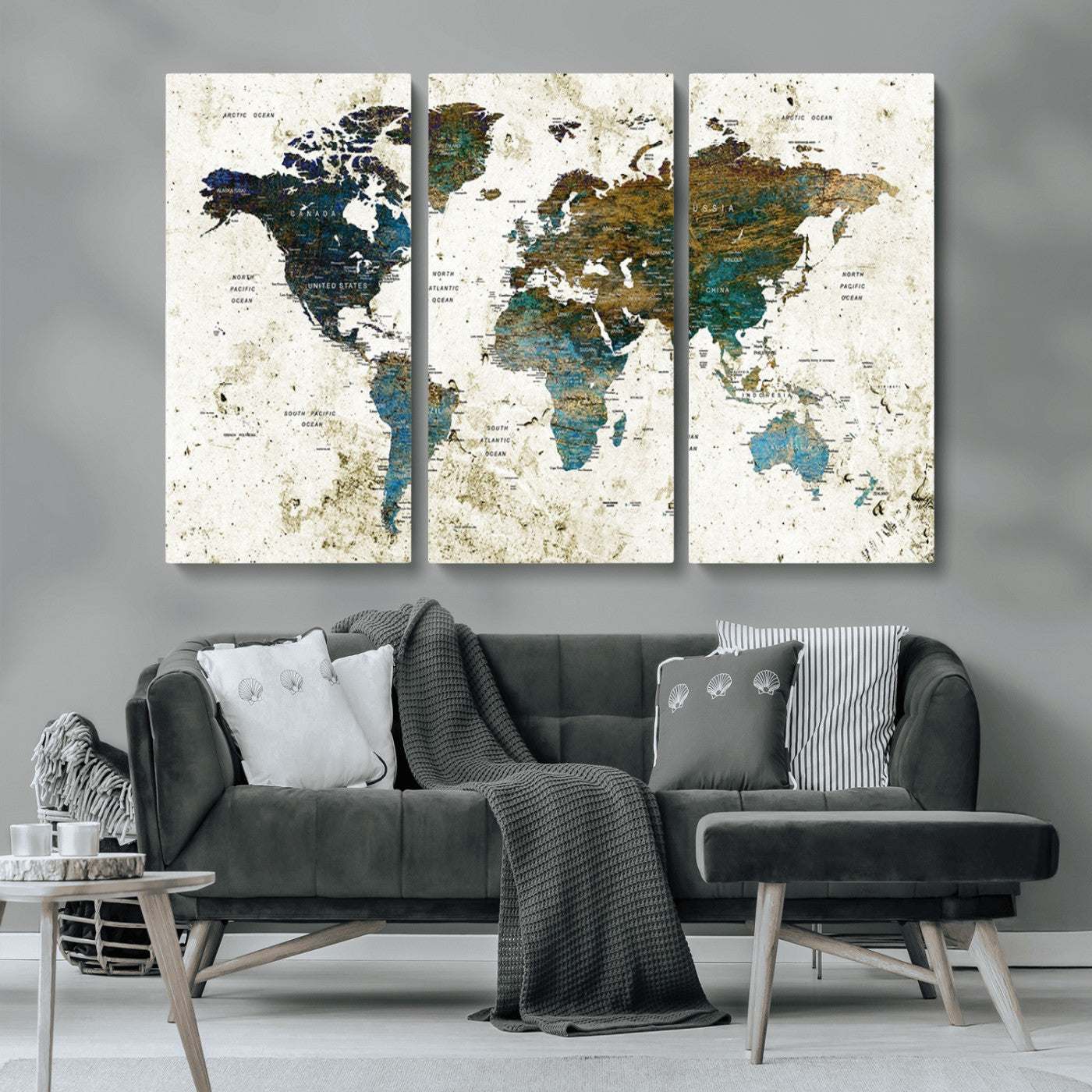 MGV-CV-48X32-3P - Vintage World Map Wall Art Canvas Print, Framed Rustic Earth Map Art Picture Print, Antique Map Perfect Rustic Vintage Decor Artwork