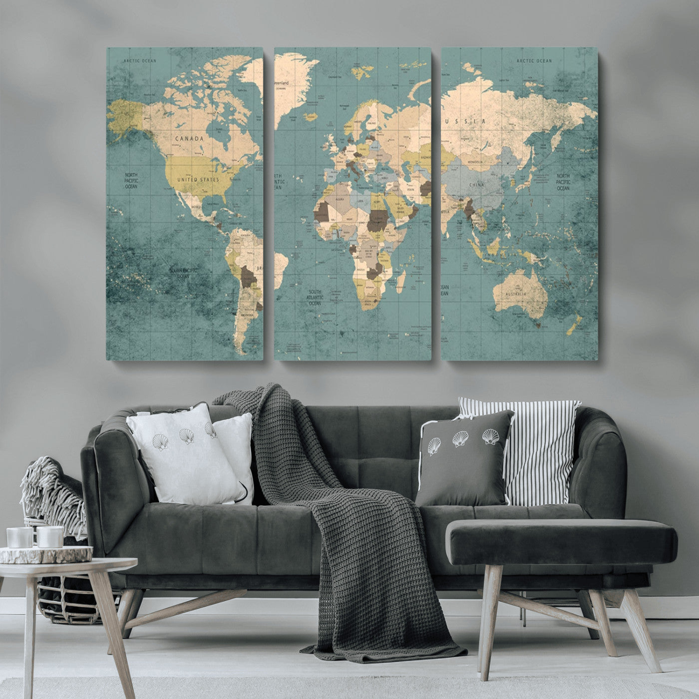 MGV-CV-48X32-3P - Classic World Map Wall Art Canvas Print, Framed Retro Map Art Picture Print, Vintage Atlas Perfect Rustic Explorer Decor Artwork