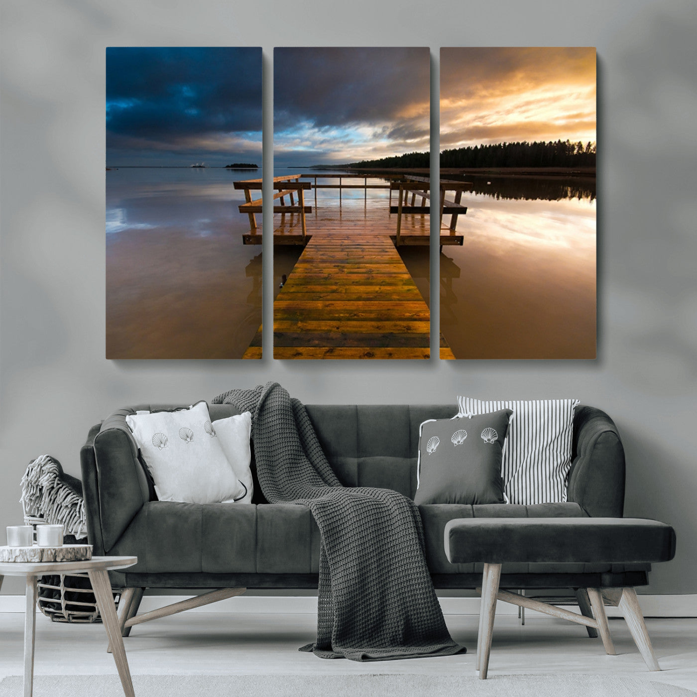 MGV-CV-48X32-3P - Serene Lake Pier at Sunset Canvas Print | Landscape Canvas Print | Ready to Hang and Framed Wall Art