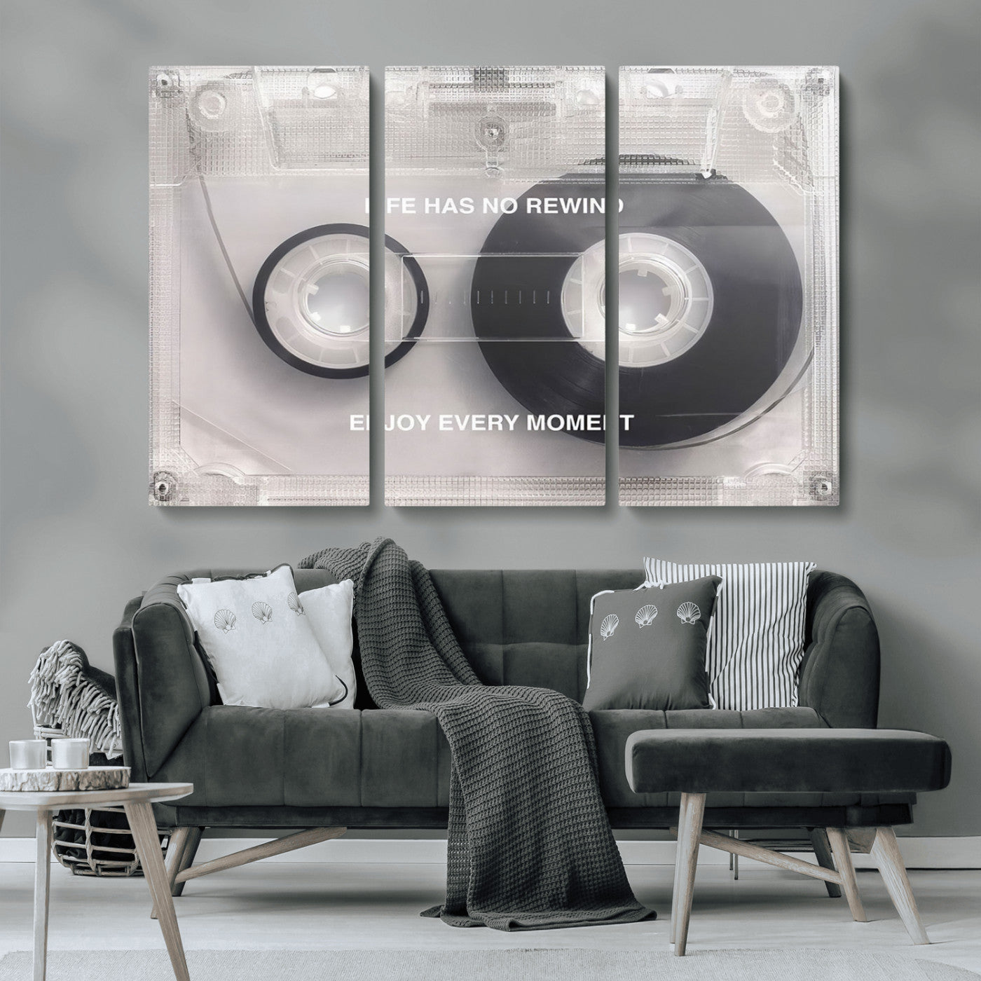MGV-CV-48X32-3P - Vintage Cassette Tape Canvas Wall Art - Inspirational 'Life Has No Rewind' Quote, Retro Music Decor