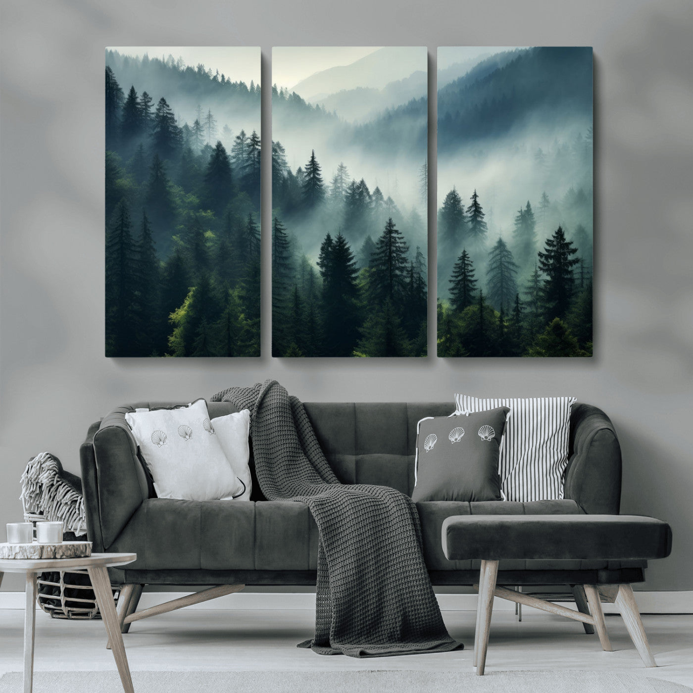 MGV-CV-48X32-3P - Captivating Misty Forest Wall Art Premium Canvas Print a Foggy and Serene Atmosphere Art