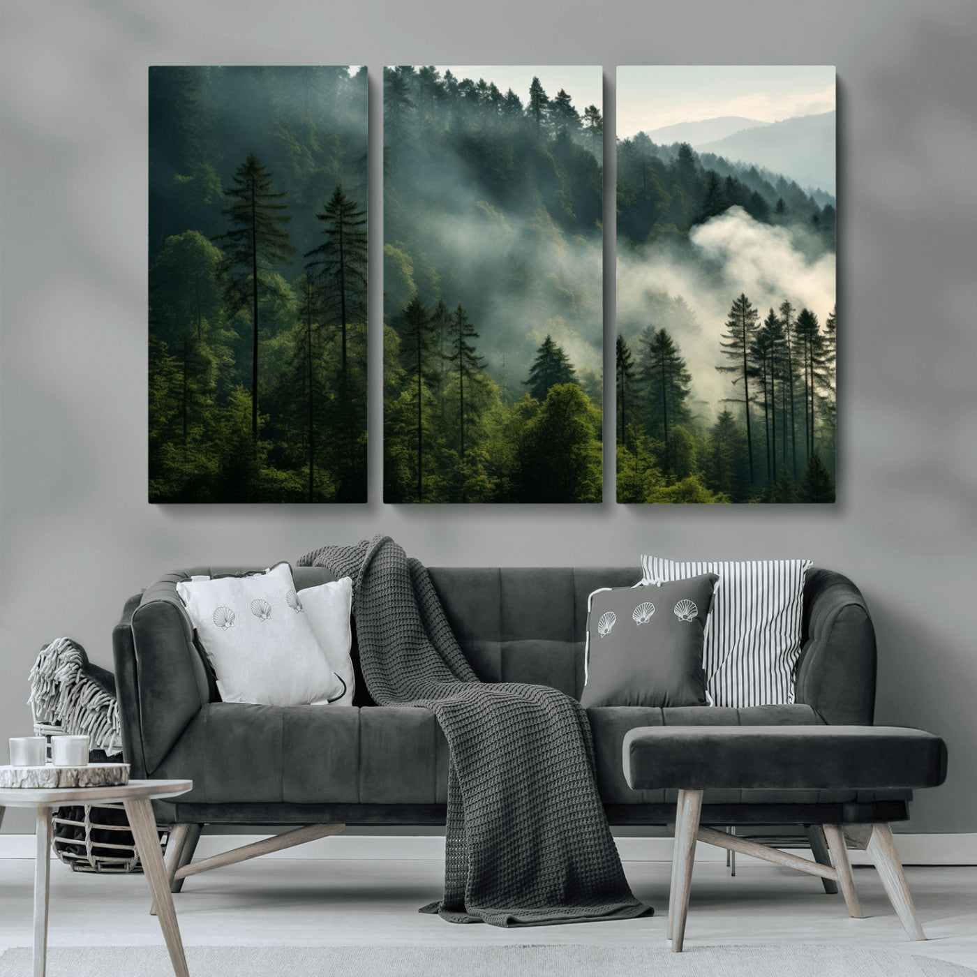 MGV-CV-48X32-3P - Misty Forest Wall Art Premium Canvas Print a Foggy and Serene Atmosphere