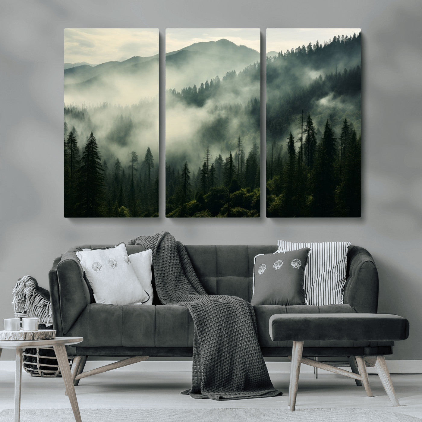 MGV-CV-48X32-3P - Captivating Misty Forest Wall Art Premium Canvas Print a Foggy and Serene Atmosphere