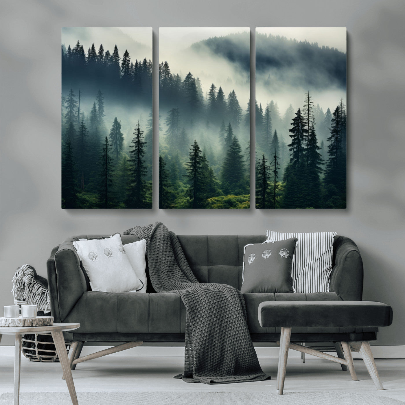 MGV-CV-48X32-3P - Captivating Misty Forest Wall Art Premium Canvas Print a Foggy and Serene Atmosphere