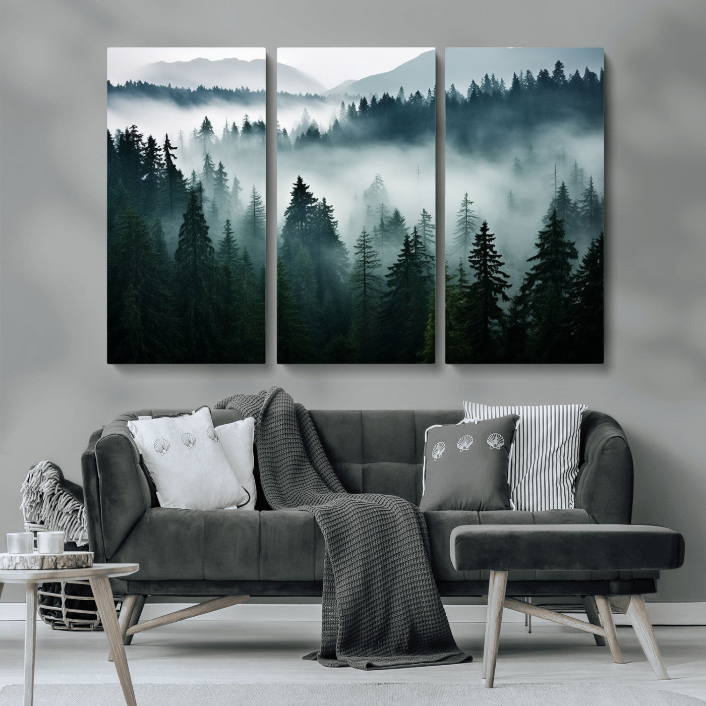 MGV-CV-48X32-3P - Captivating Misty Forest Wall Art Canvas, Premium Canvas Print a Foggy and Serene Atmosphere