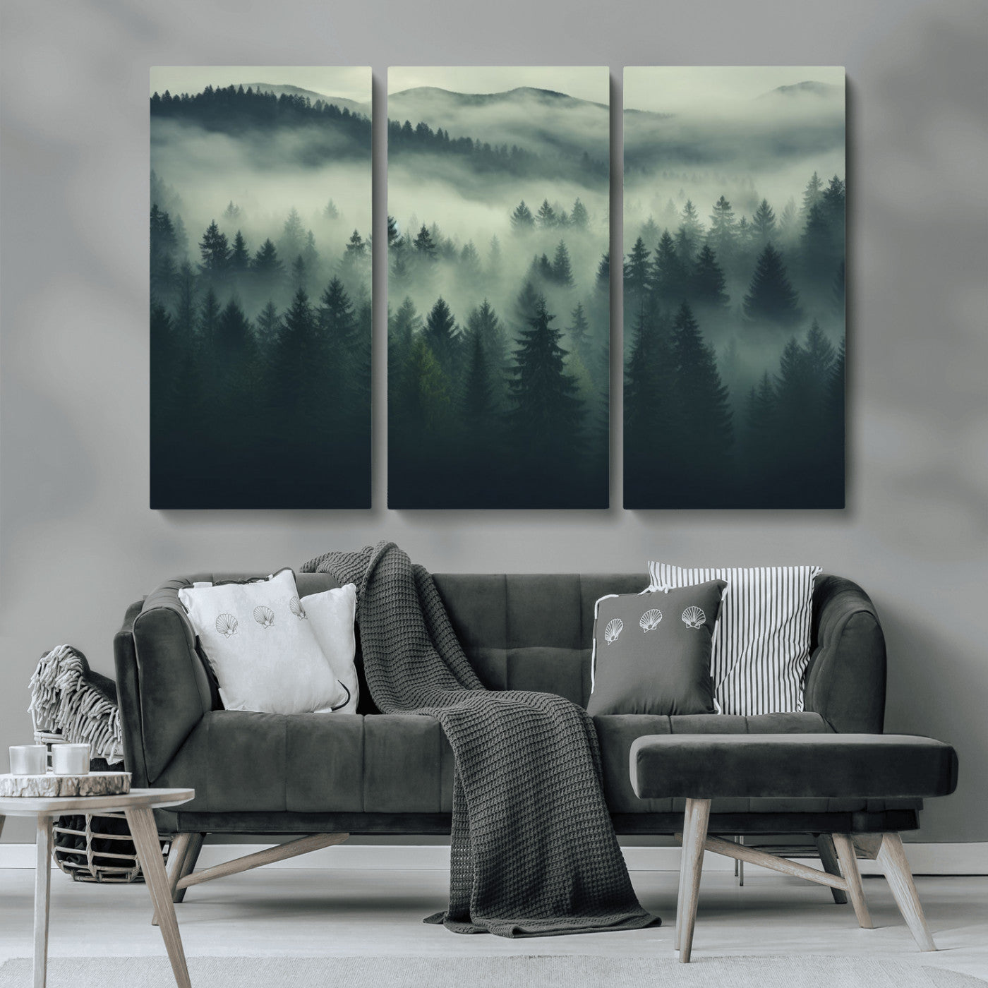MGV-CV-48X32-3P - Misty Forest Wall Art Premium Canvas Print a Foggy and Serene Atmosphere