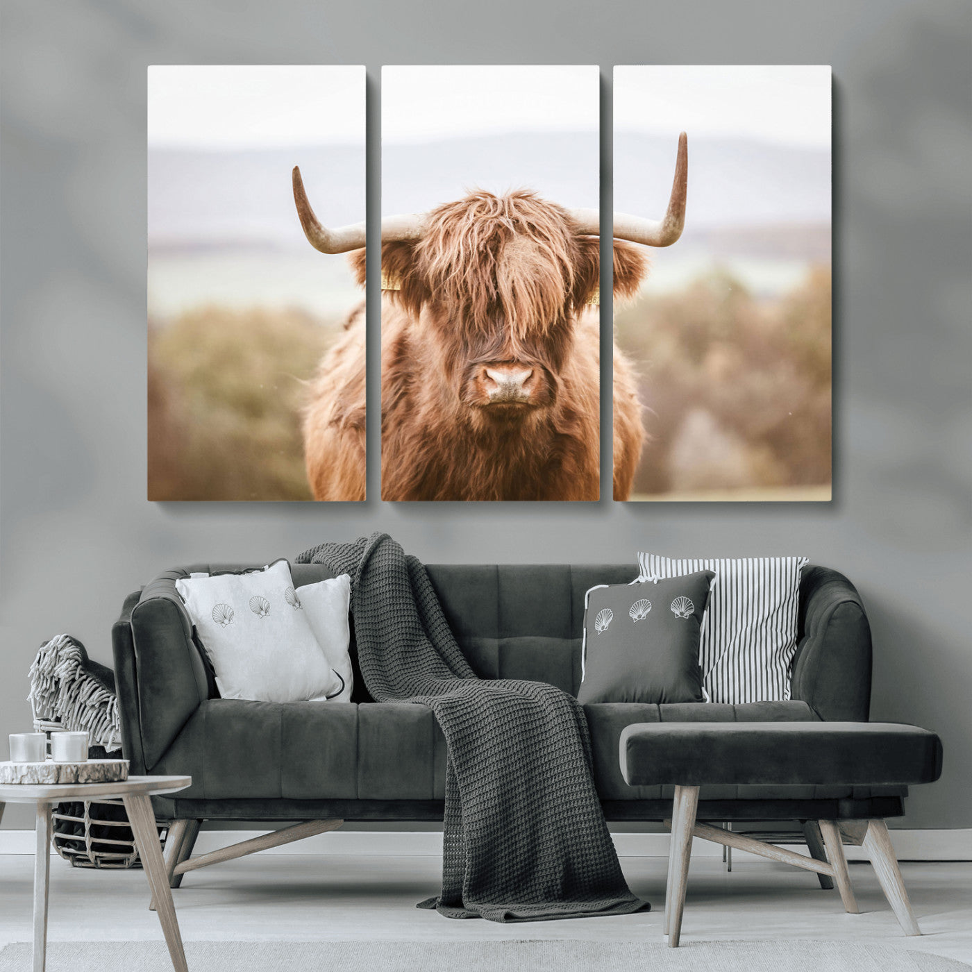 MGV-CV-48X32-3P - Scottish Serene Highland Cow Canvas Wall Art – Serene Highland Cow in Natural Pastel Tones – Ready