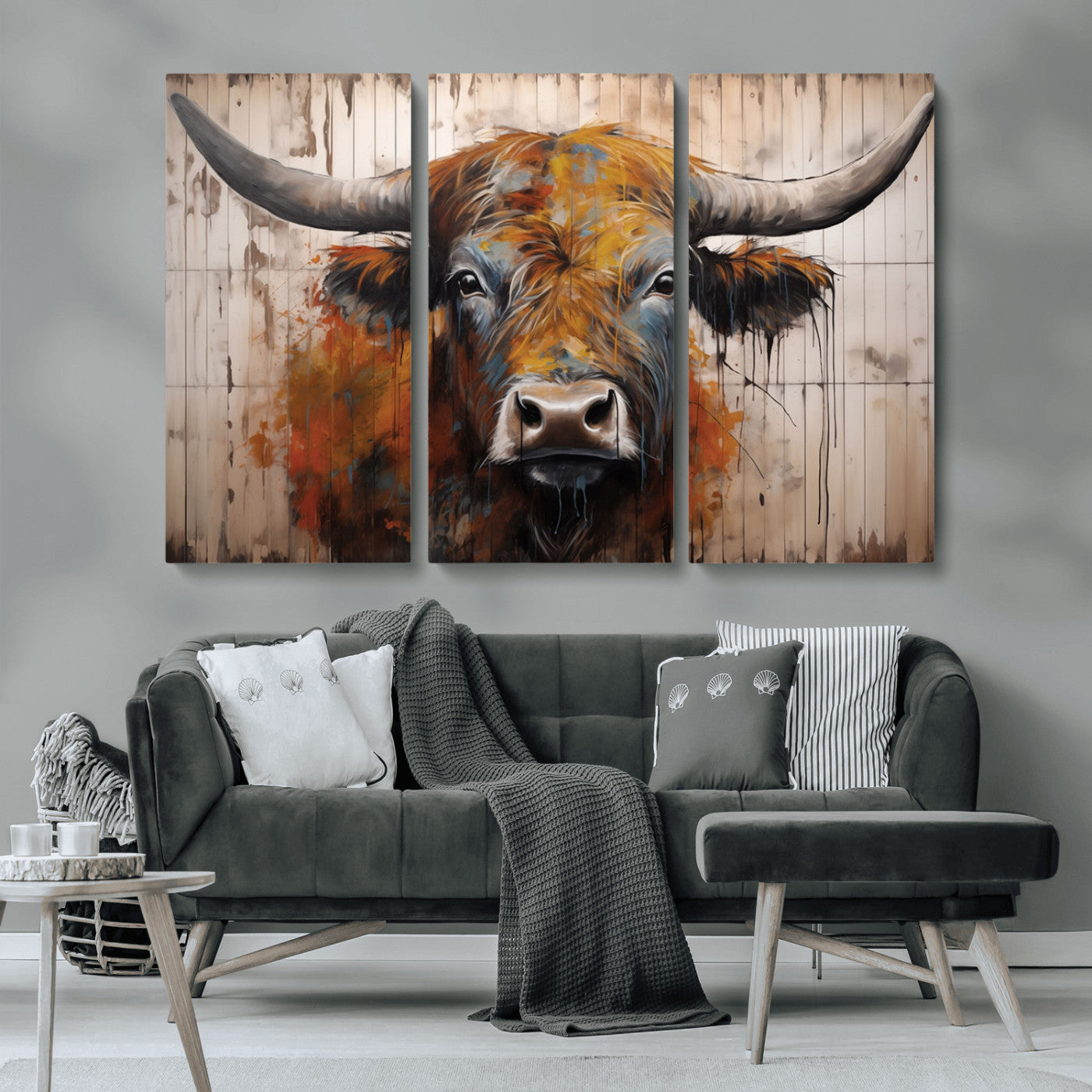 MGV-CV-48X32-3P - Abstract Bull Highland Cow Canvas Wall Art Print – Vibrant Rustic Charm in Modern Farmhouse Decor –