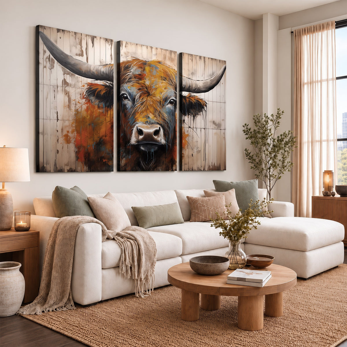 47284-MGV-CV-24X16 - Abstract Bull Highland Cow Canvas Wall Art Print