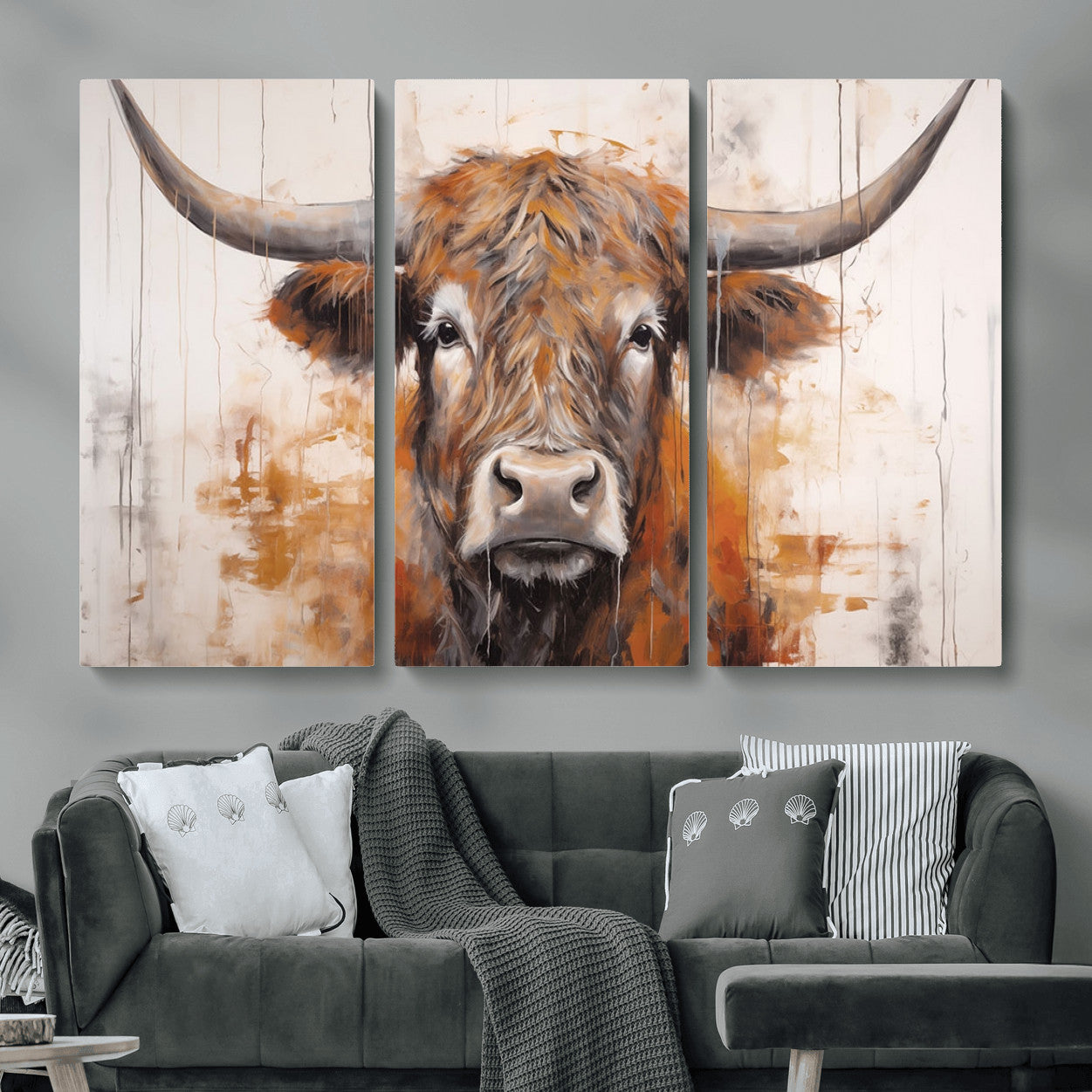 48622-MGV-CV-48X32-3P-Vintage Scottish Highland Cow Cattle Art, Scottish Highland Cow Wall Art Print, Farmhouse Wall Art