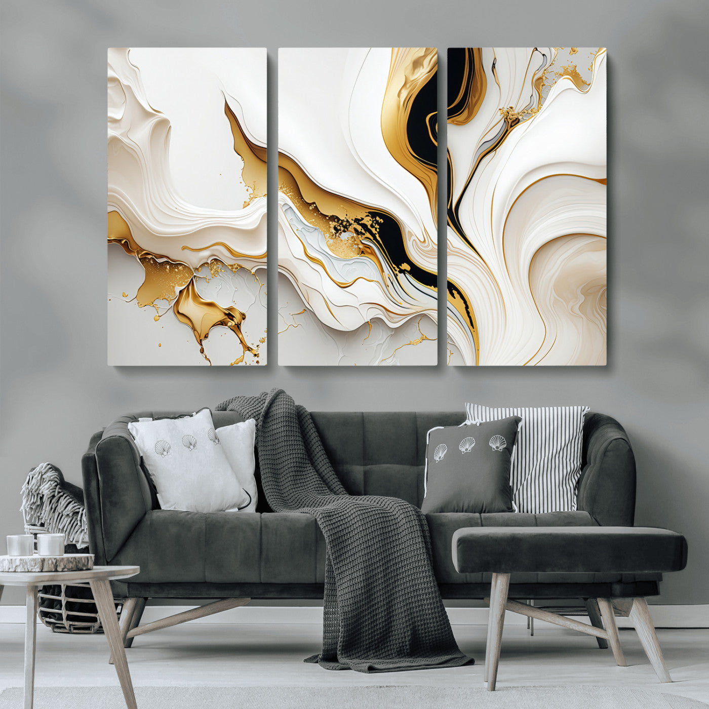 -Gold Waves on Pure White Canvas – Gold Abstract Art for Modern Interiors | Wall Art Canvas, Framed &