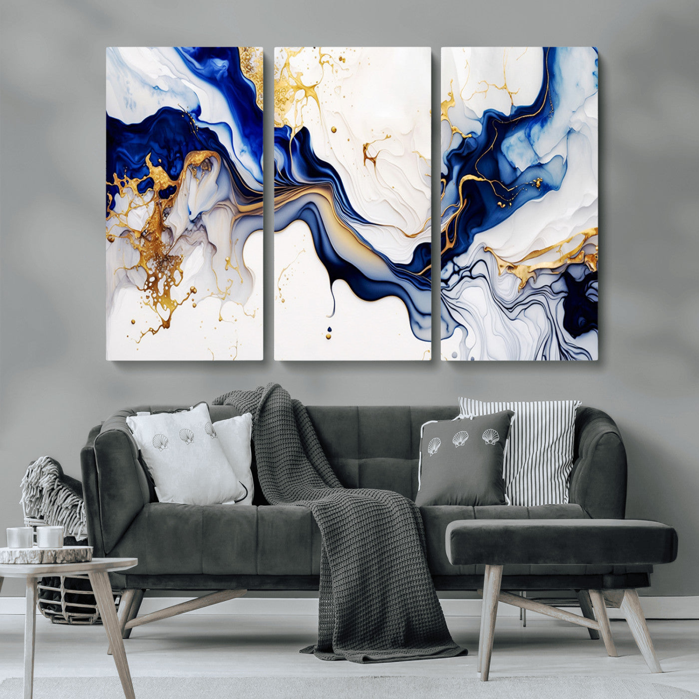 MGV-CV-48X32-3P - Golden Cascades on Midnight Blue – Deep Blue Abstract Wall Art Flowing Elegance | Wall Art Canvas,