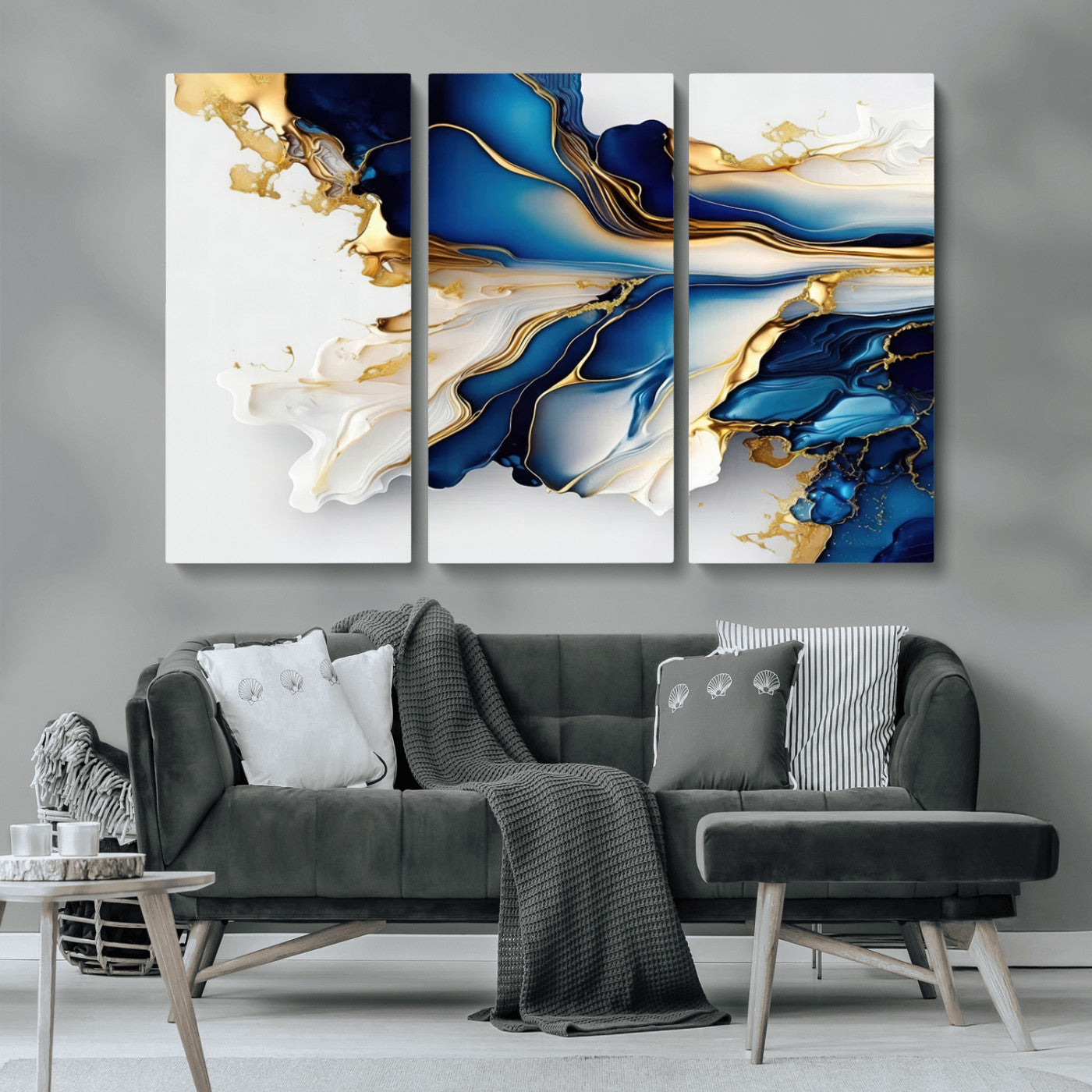 MGV-CV-48X32-3P - Gold Marble Art - Abstract Geode Gold And Blue Marble Shape 3 Pieces Wall Art Canvas Print