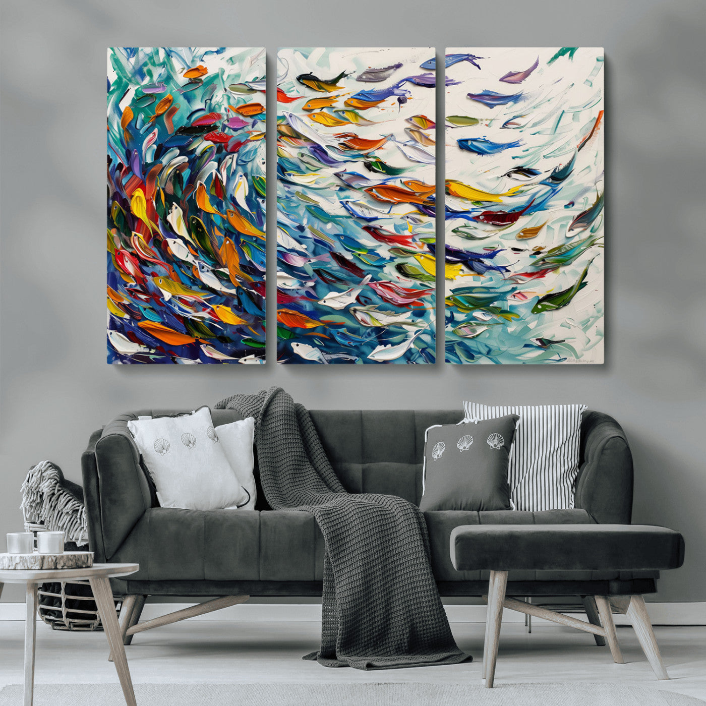 MGV-CV-48X32-3P - Modern Abstract Fish Shoal Wall Art Canvas Print, Colorful Fish Herd Painting on Canvas Print, Ocean