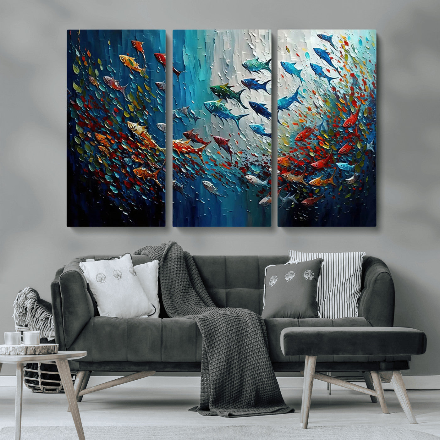 MGV-CV-48X32-3P - Modern Abstract Fish Shoal Wall Art Canvas Print, Colorful Fish Herd Painting on Canvas Print, Ocean