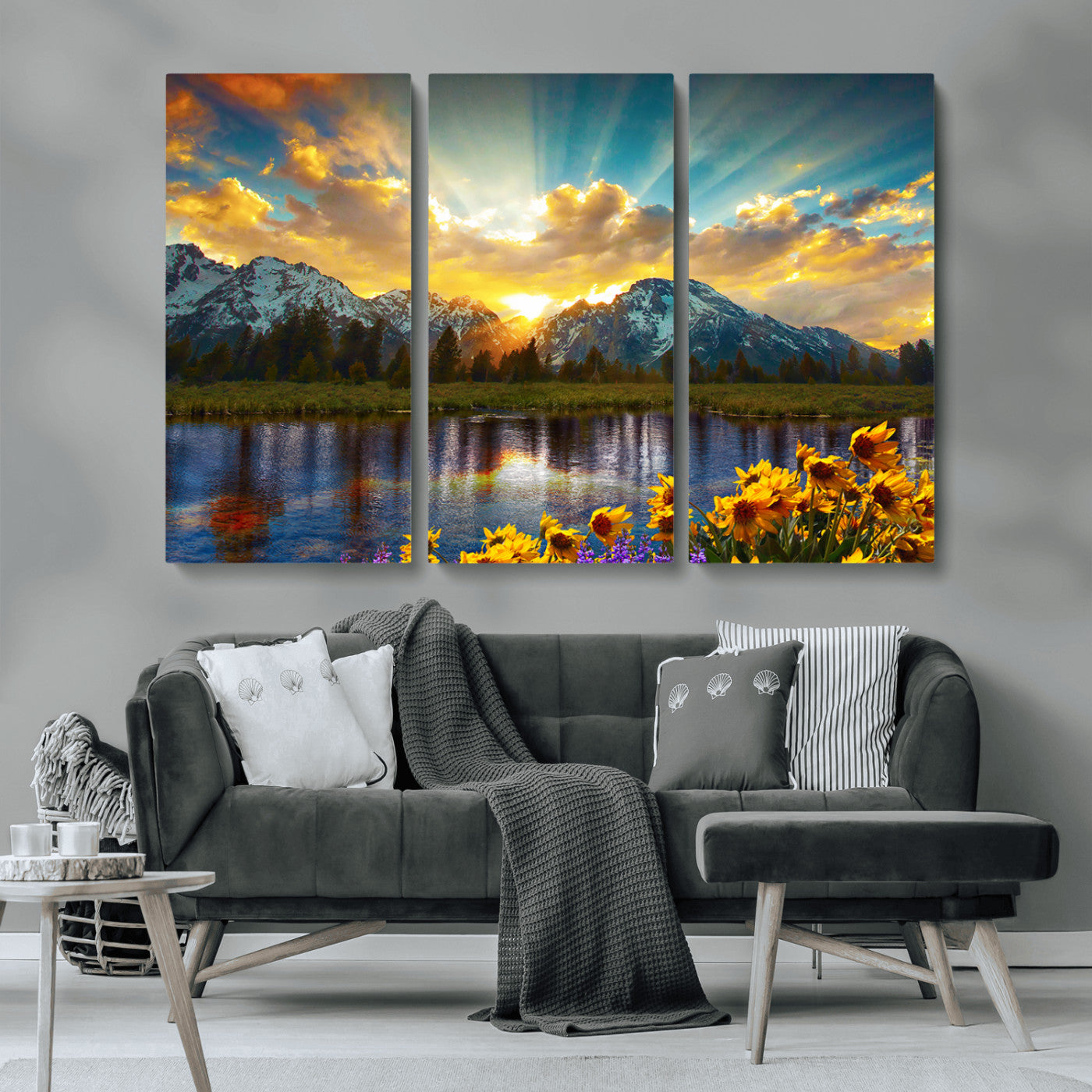 MGV-CV-48X32-3P - Grand Teton Park Amazing Mountain Landscape Sunset Wall Art Canvas Print