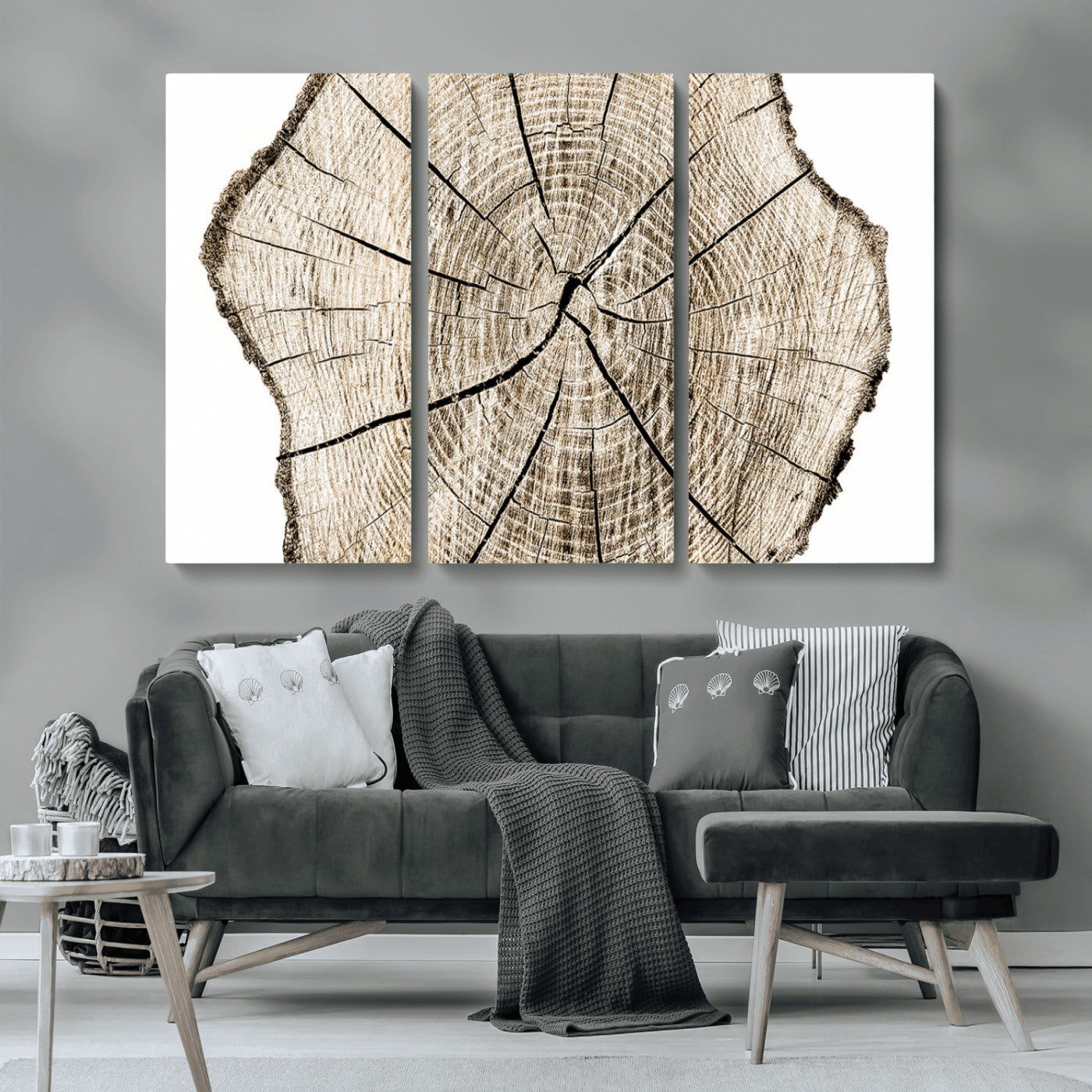 MGV-CV-48X32-3P - Abstract Wood Tree Ring Wall Art - Ready to Hang Minimalist Wooden Design for Rustic & Contemporary