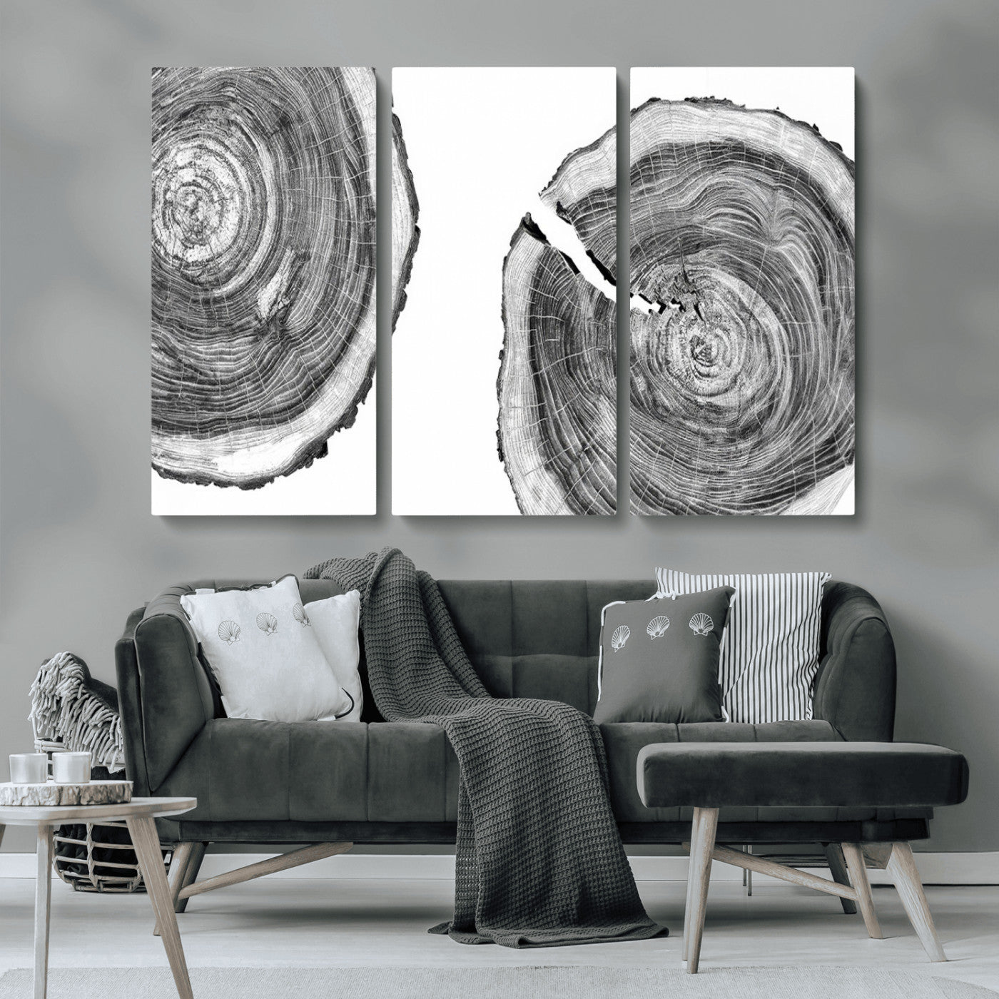 MGV-CV-48X32-3P - Modern Black and White Tree Rings Canvas Wall Art – Nature Inspired Wood Slice Print – Minimalist