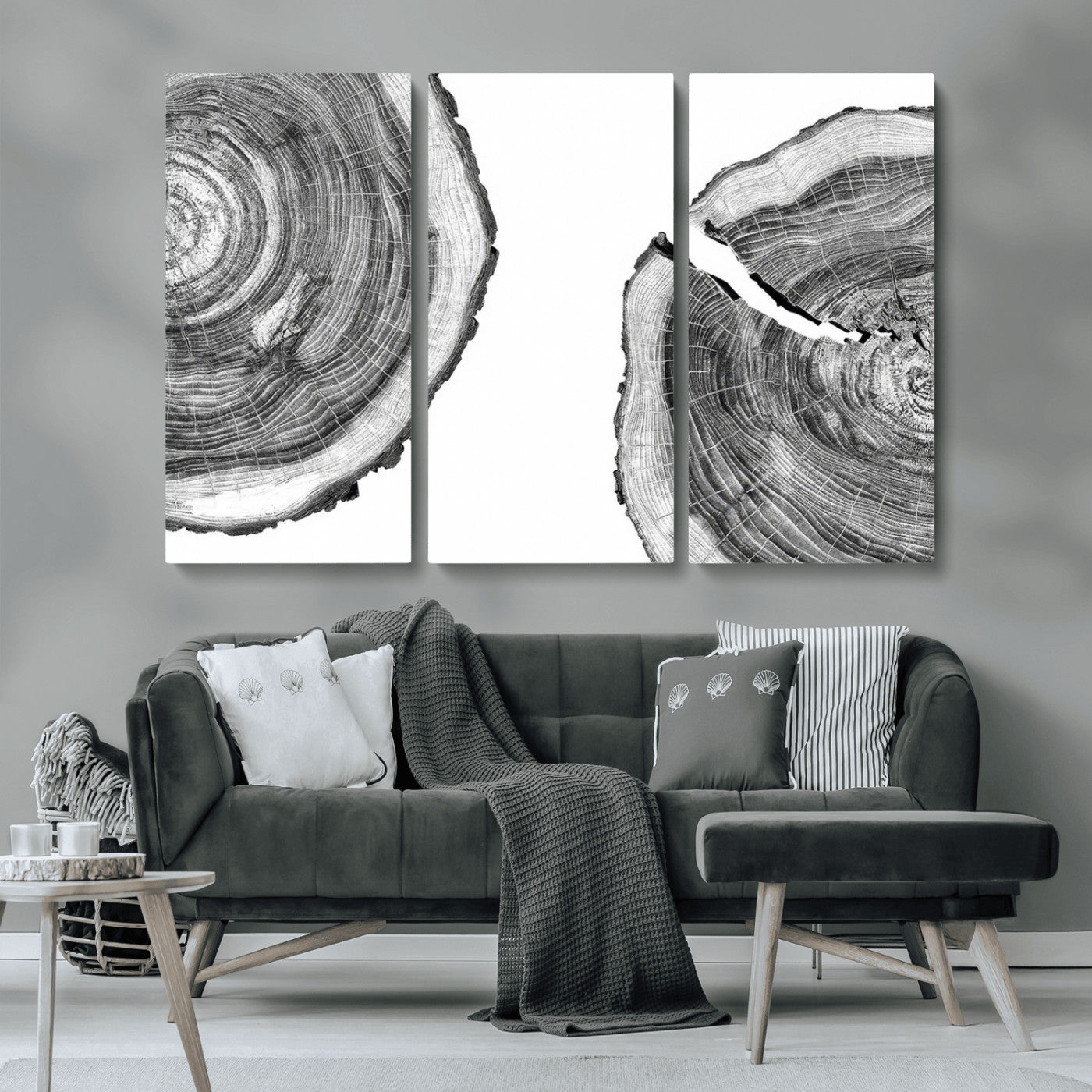 MGV-CV-48X32-3P - Abstract Large Tree Rings – Minimalist Black and White Wood Art | Triptych Canvas, Modern Wall Decor