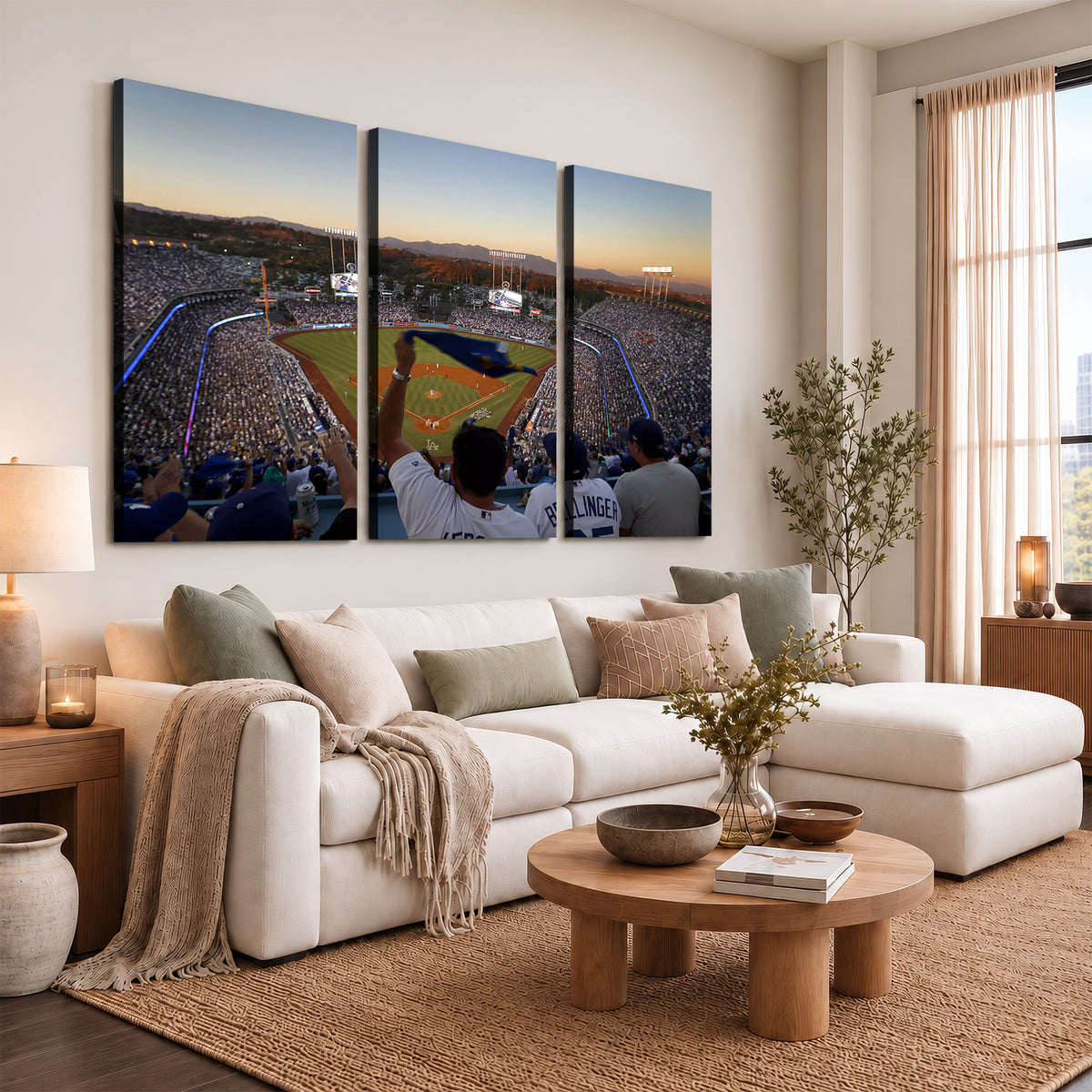 60162-MGV-CV-36X24 - Dodger Stadium Sunset Game Triple Canvas Wall Art, Los Angeles Dodgers MLB Match