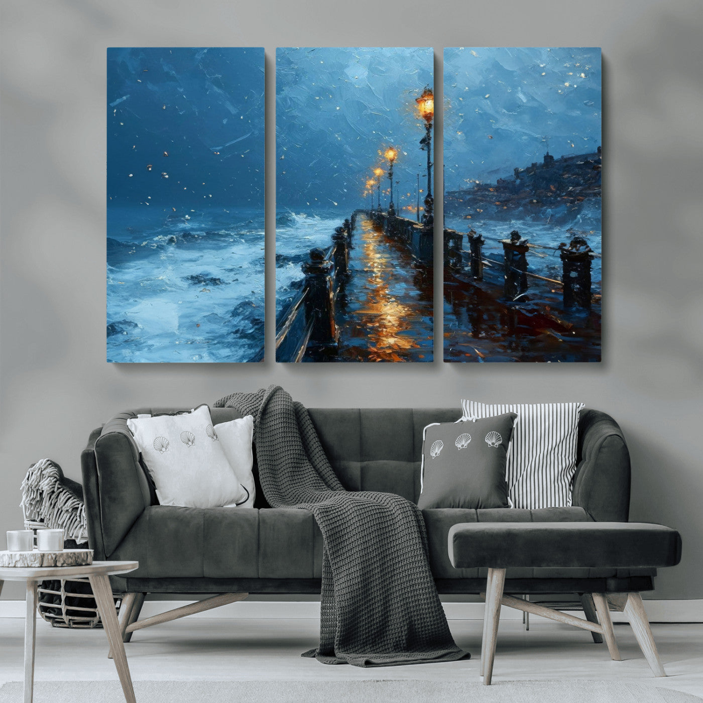 MGV-CV-48X32-3P - Stormy Night at Beach Pier Oil Painting Large Wall Art Print, Framed Canvas Nature Wall Decor,