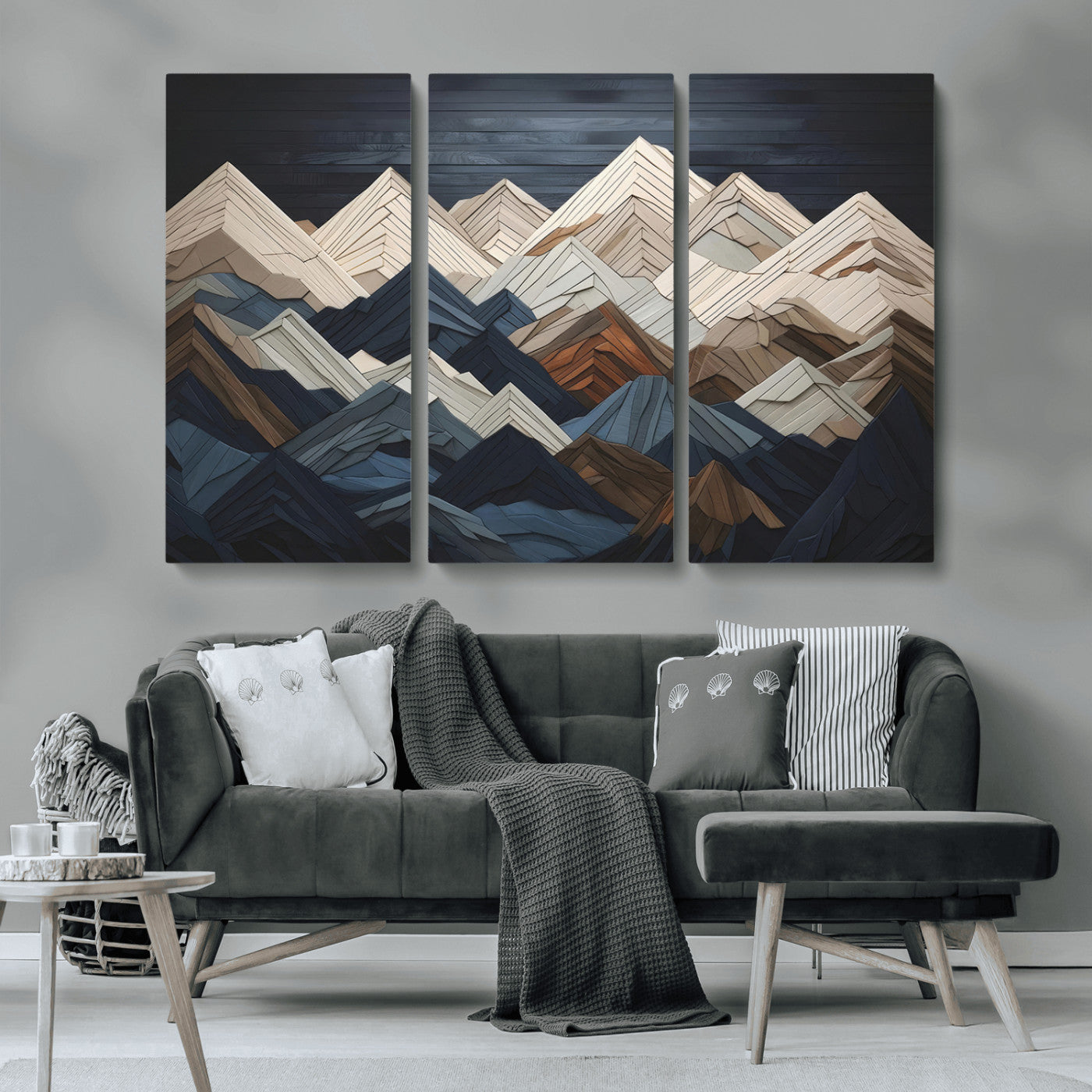 MGV-CV-48X32-3P - Mountain Range Art Wood Style Wall Art - Ready to Hang 3-Piece Set for Modern Rustic Decor, Abstract